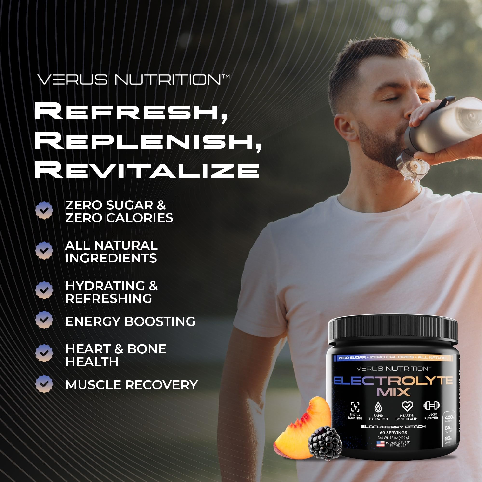 VERUS NUTRITION lado a lado con objetos para tamaño y portabilidad