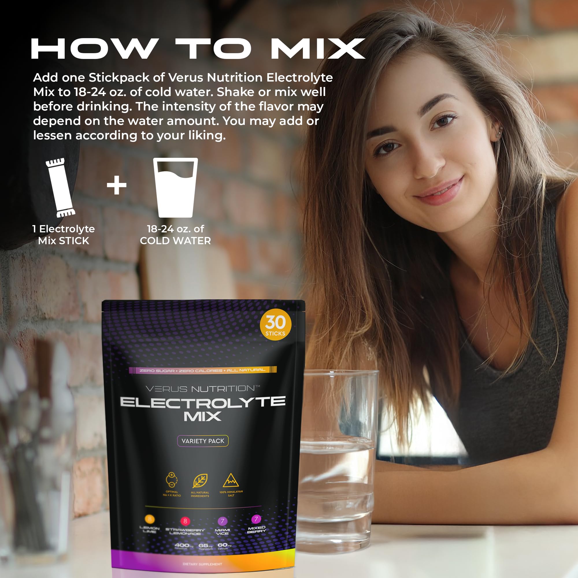 VERUS NUTRITION etiqueta con lista de electrolitos y beneficios