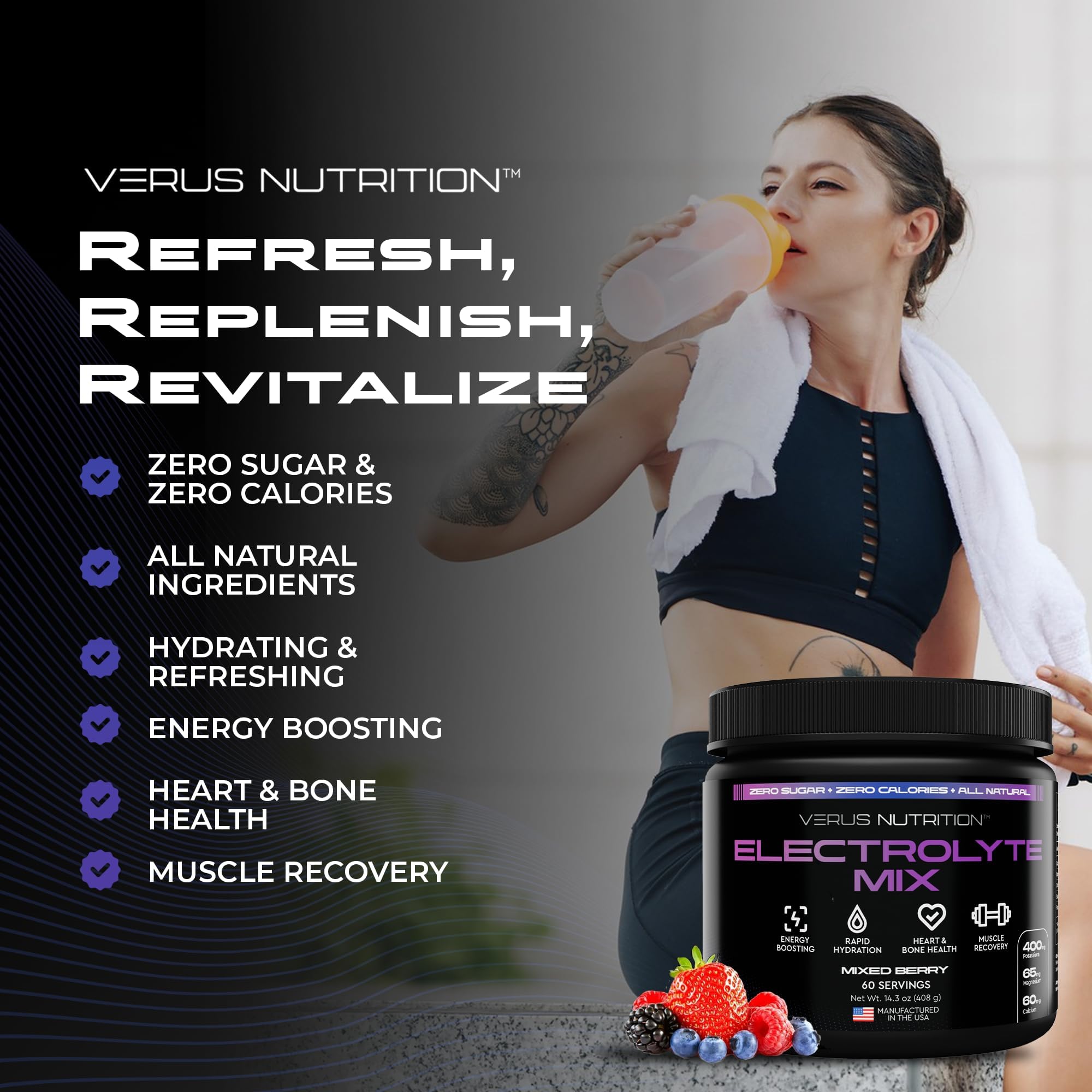 VERUS NUTRITION etiqueta con lista de electrolitos y sin azúcar