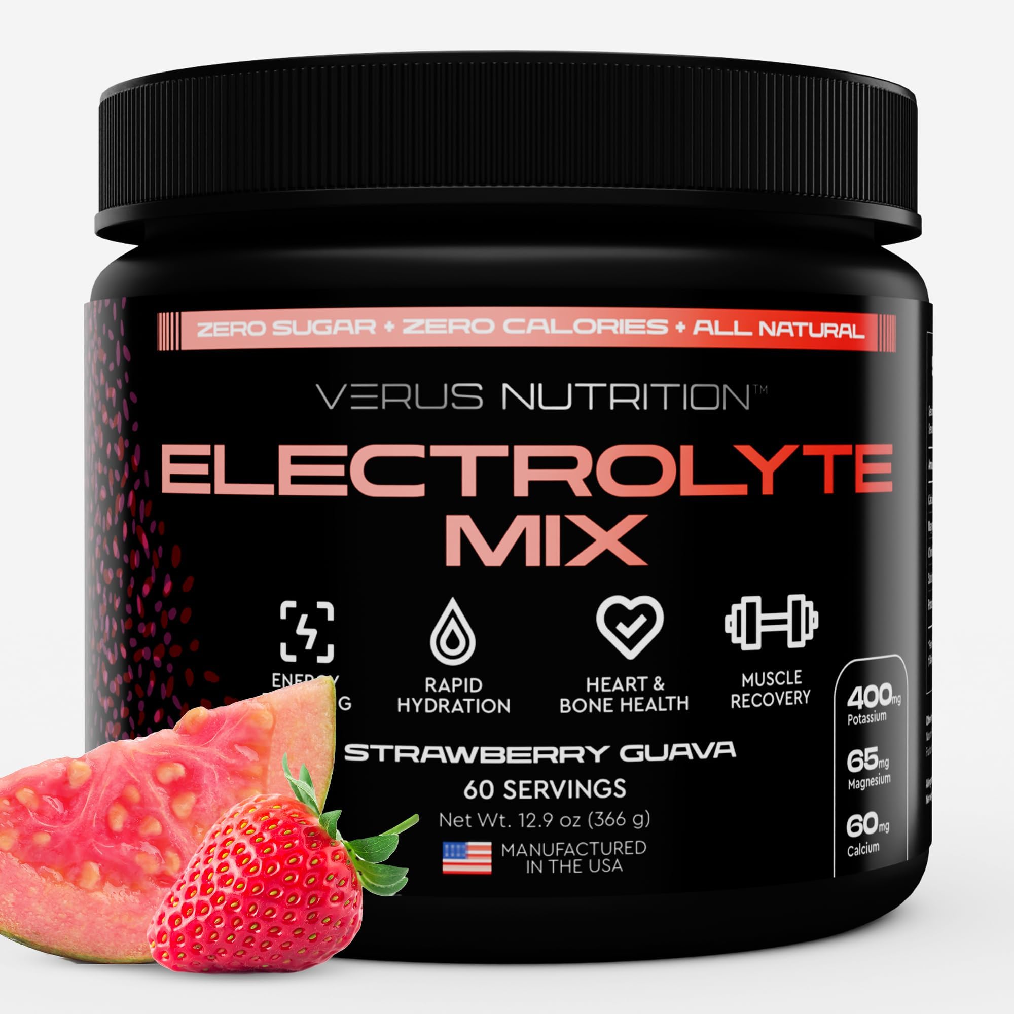 VERUS NUTRITION frontal del envase mostrando sabor Strawberry Guava y conveniencia