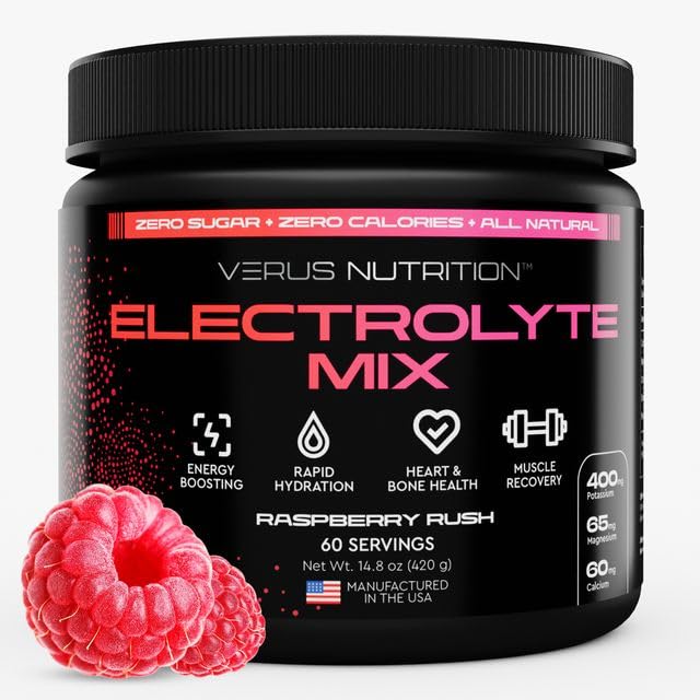 VERUS NUTRITION frente del envase mostrando el sabor Raspberry Rush y conveniencia