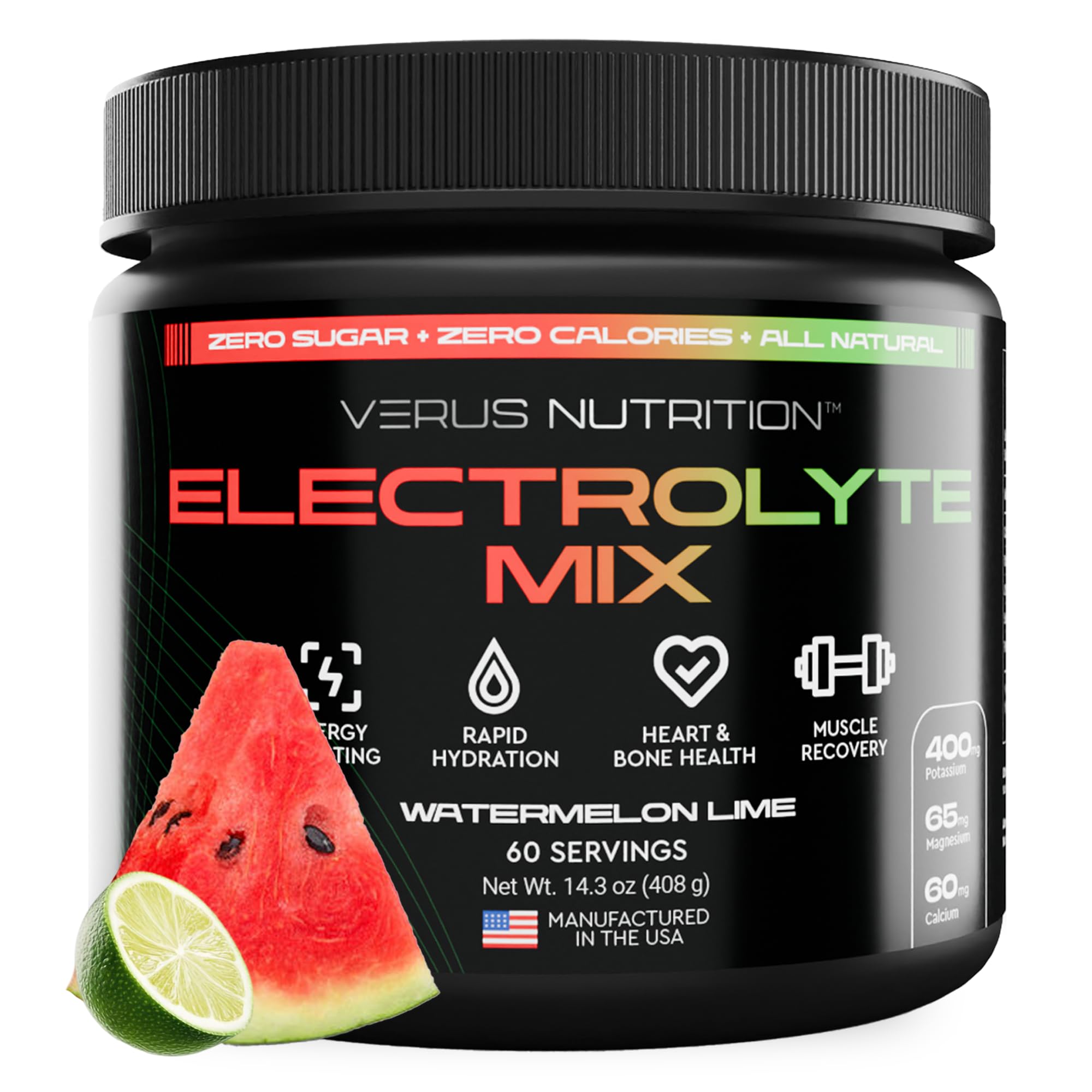 VERUS NUTRITION frente del envase mostrando 60 porciones y diseño atractivo