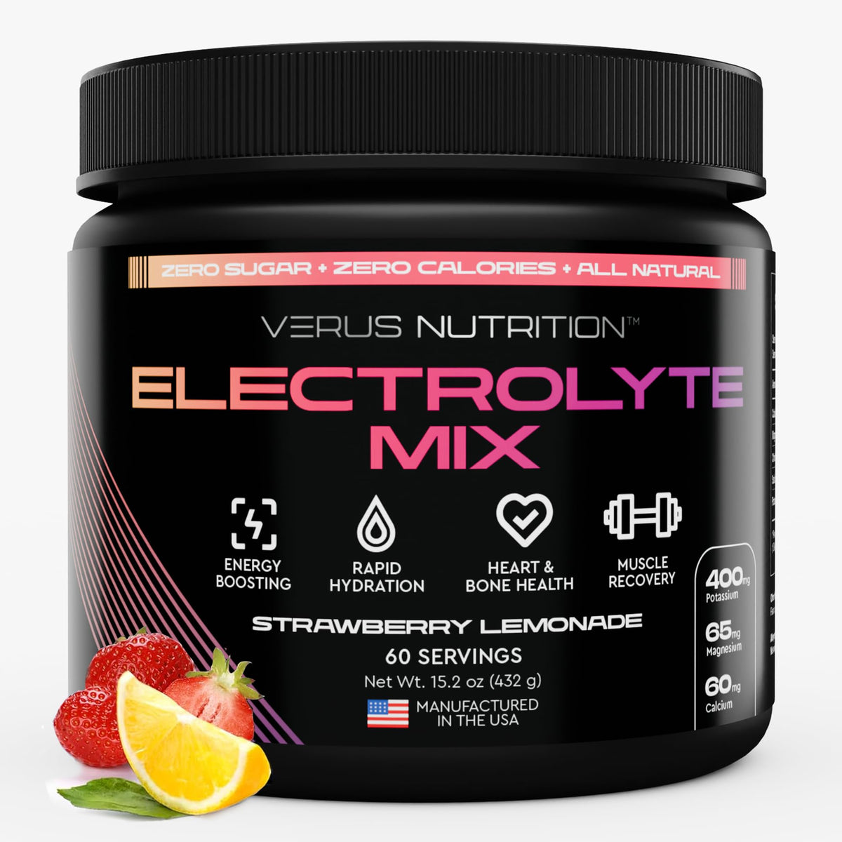 VERUS NUTRITION envase frontal mostrando 60 porciones y sabor fresa limón
