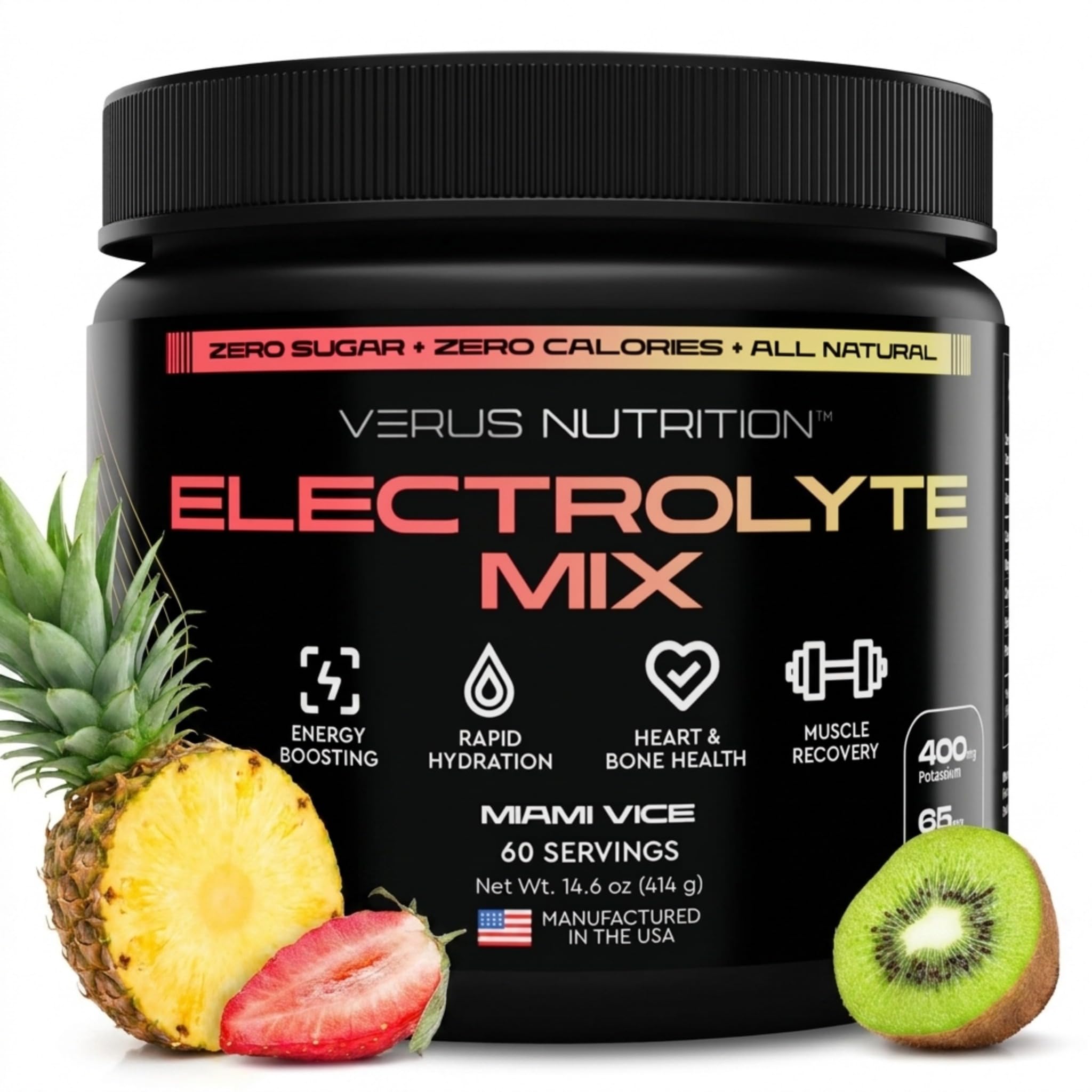 VERUS NUTRITION frente del envase mostrando 60 servicios y sabor tropical