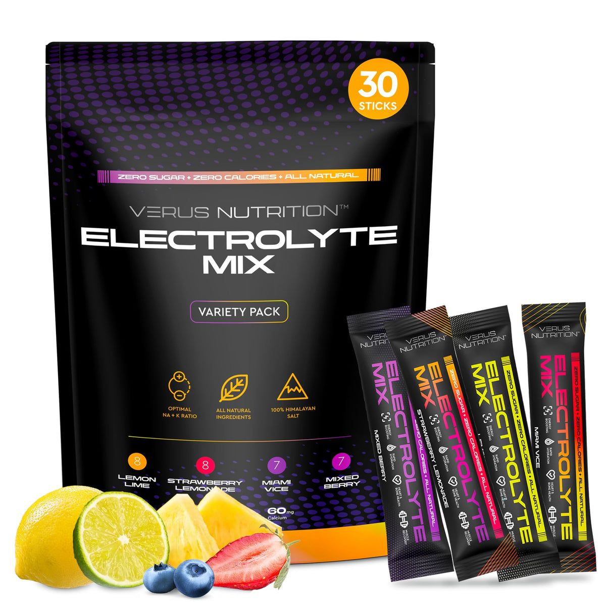 VERUS NUTRITION envase frontal mostrando variedad y portabilidad