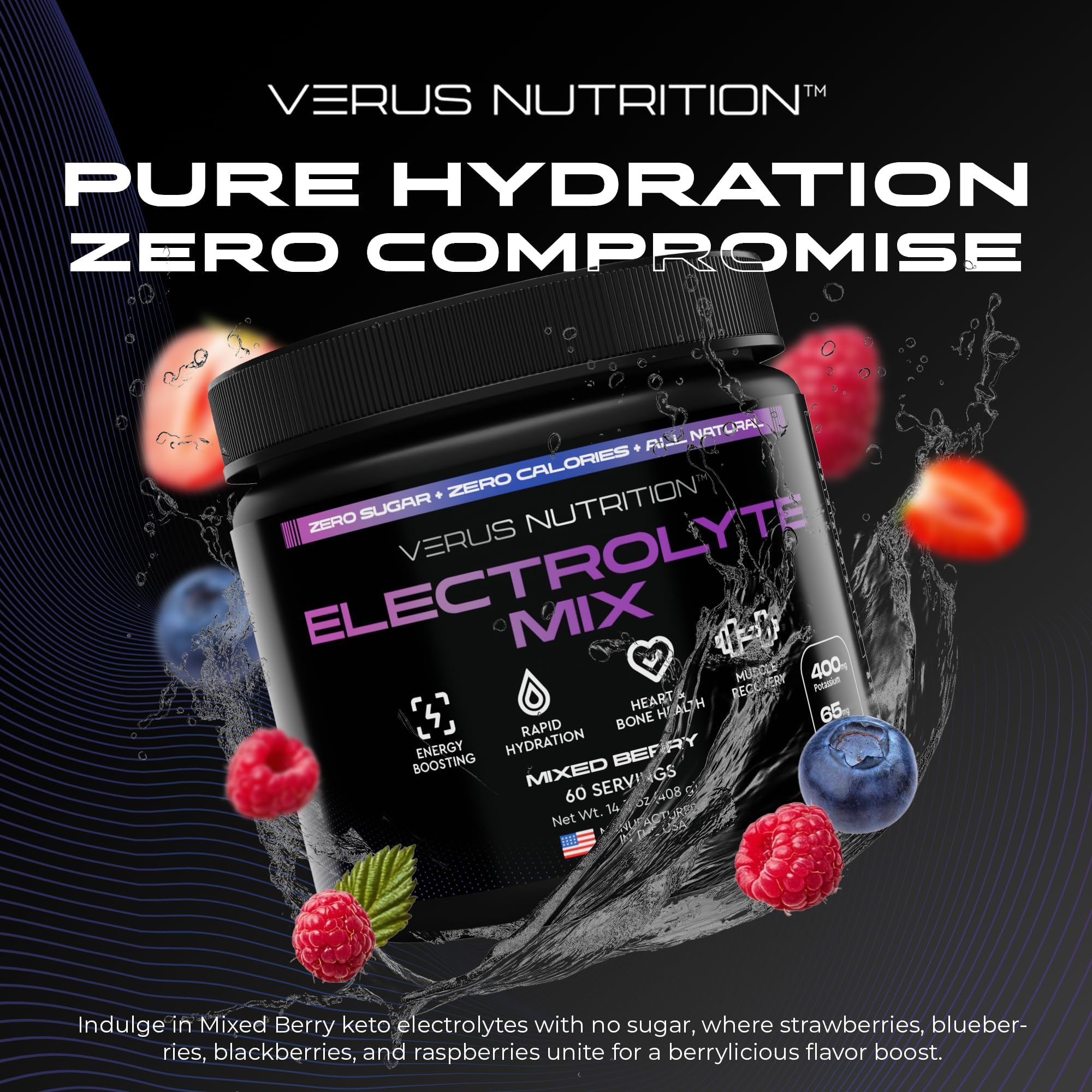 VERUS NUTRITION primer plano del polvo fino y fácil disolución