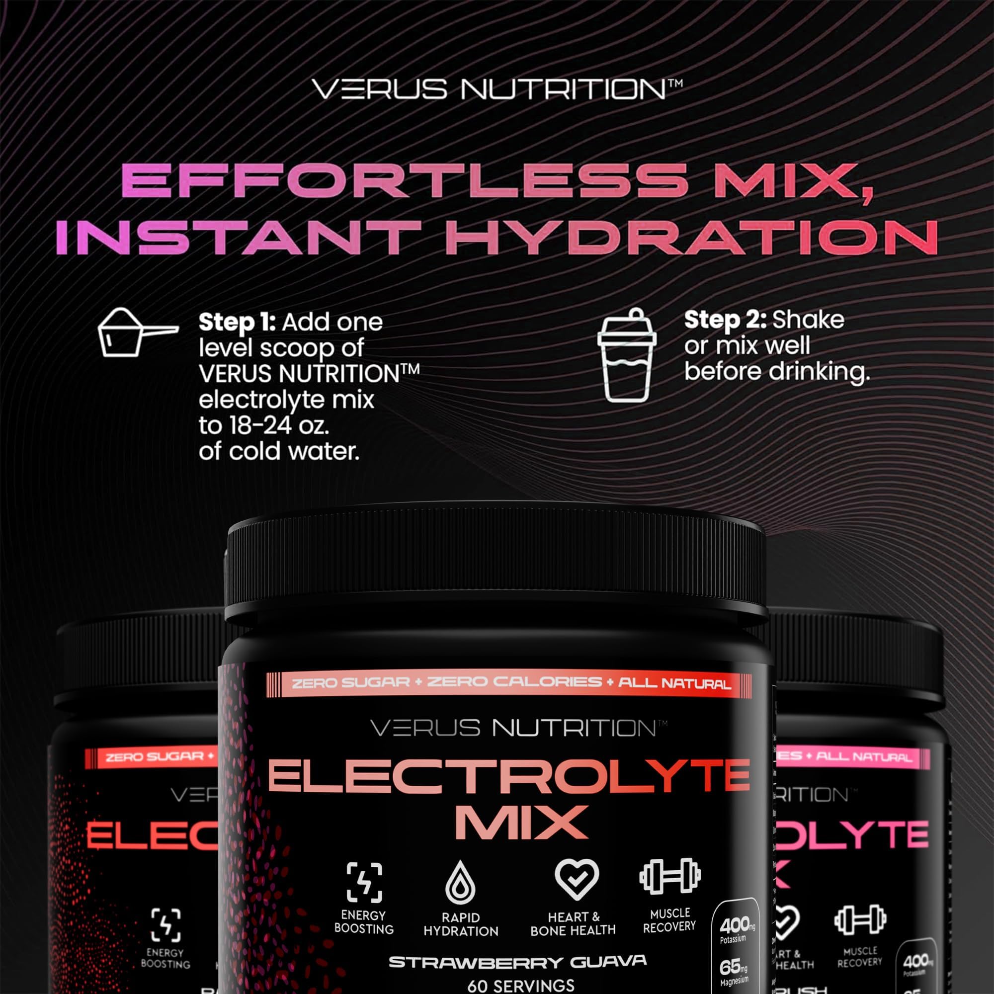 VERUS NUTRITION etiqueta nutricional mostrando electrolitos y sin azúcar