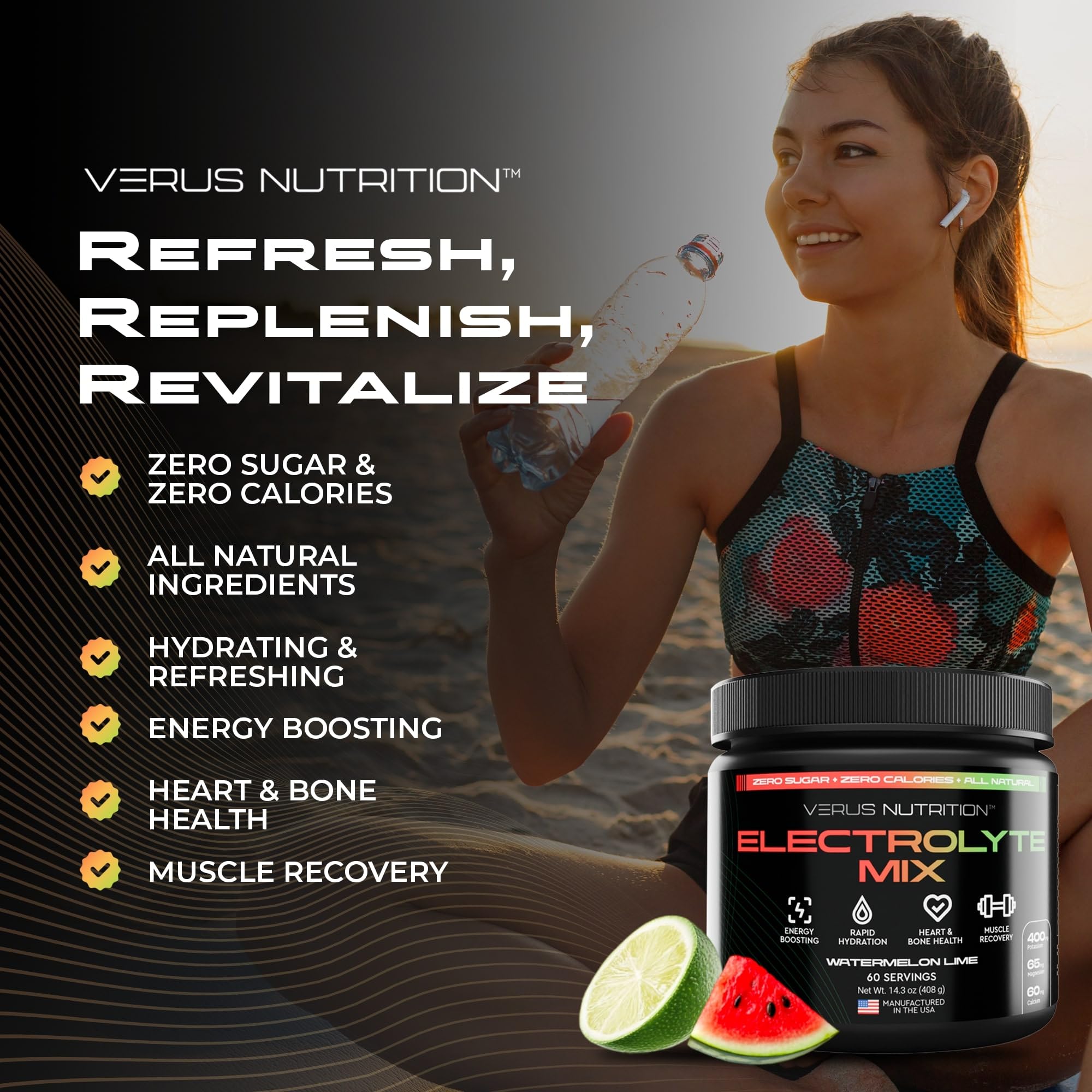 VERUS NUTRITION comparativa del tamaño del envase para 60 servicios portátil
