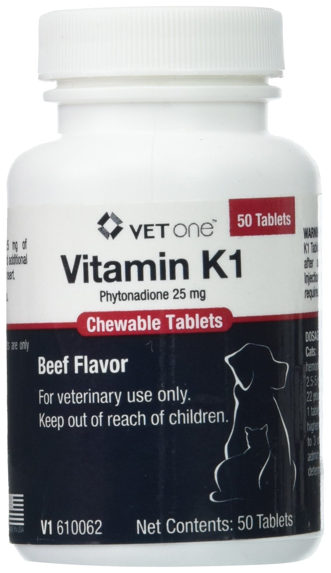 Vet One frasco frontal de Vitamin K1 masticables 25 mg, fácil administración