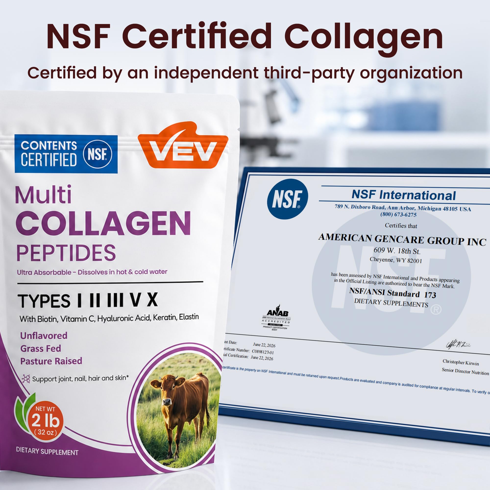 VEV etiqueta nutricional en bolsa destacando certificación NSF