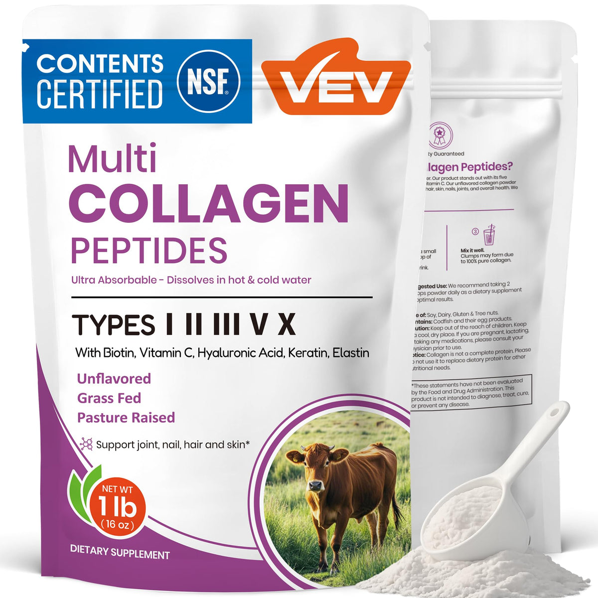 VEV envase frontal del polvo de colágeno, presentación y beneficios