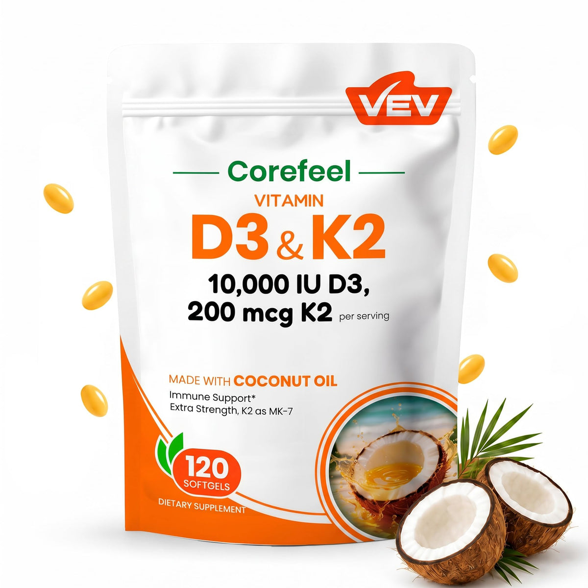 VEV frasco frontal mostrando diseño y cantidad, transmite confianza
