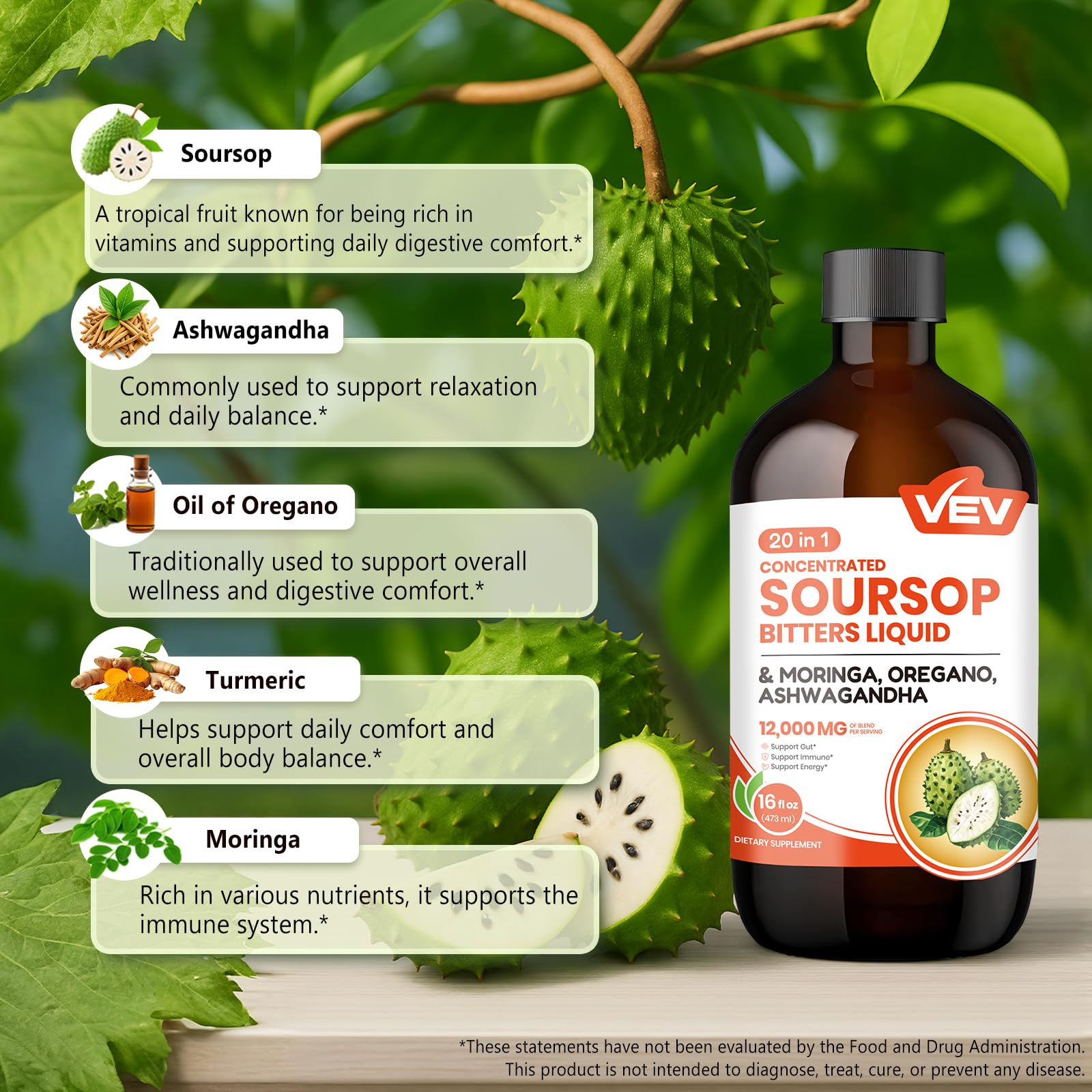 VEV primer plano de la etiqueta con lista de ingredientes, transparencia y confianza