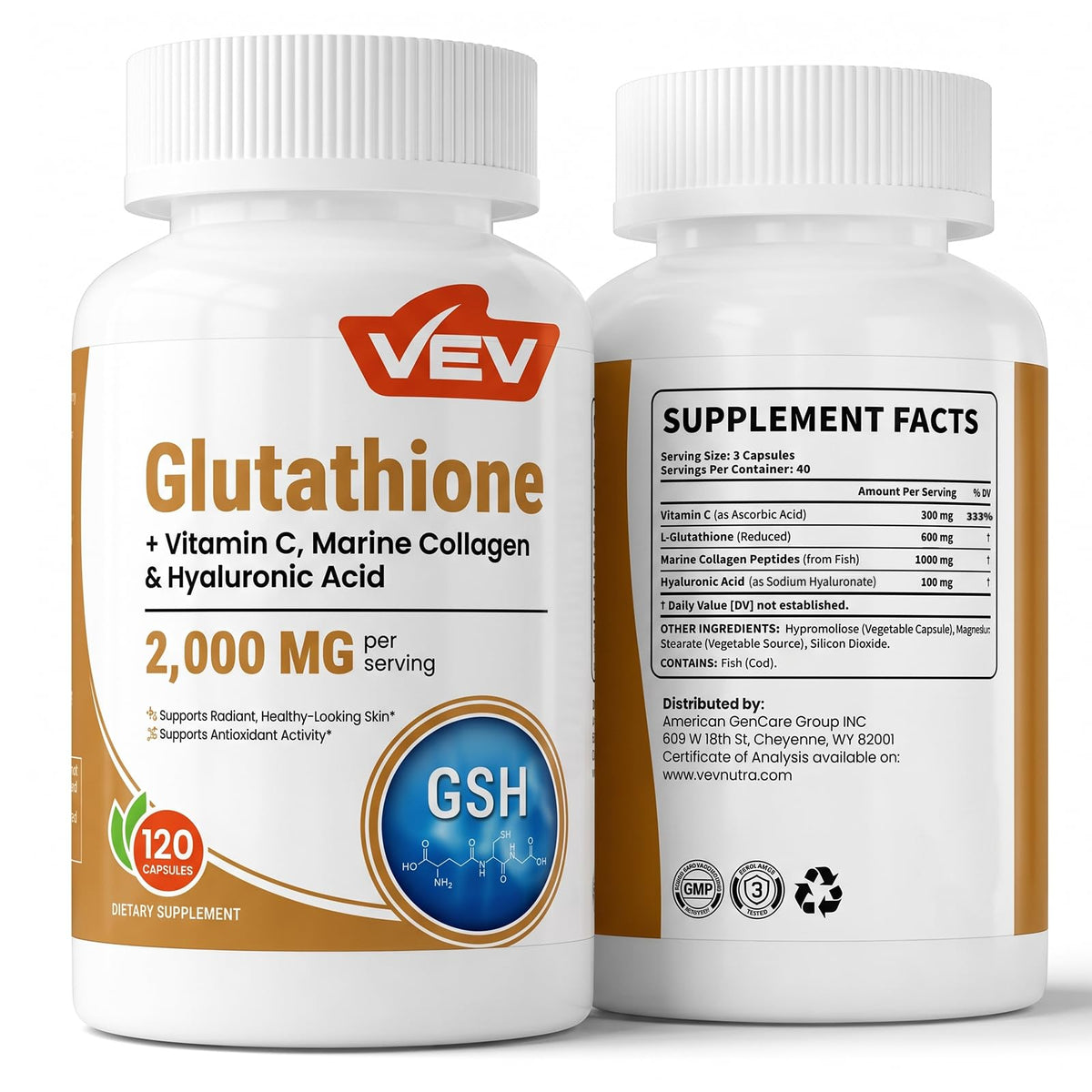 VEV envase frontal con 120 cápsulas mostrando conveniencia