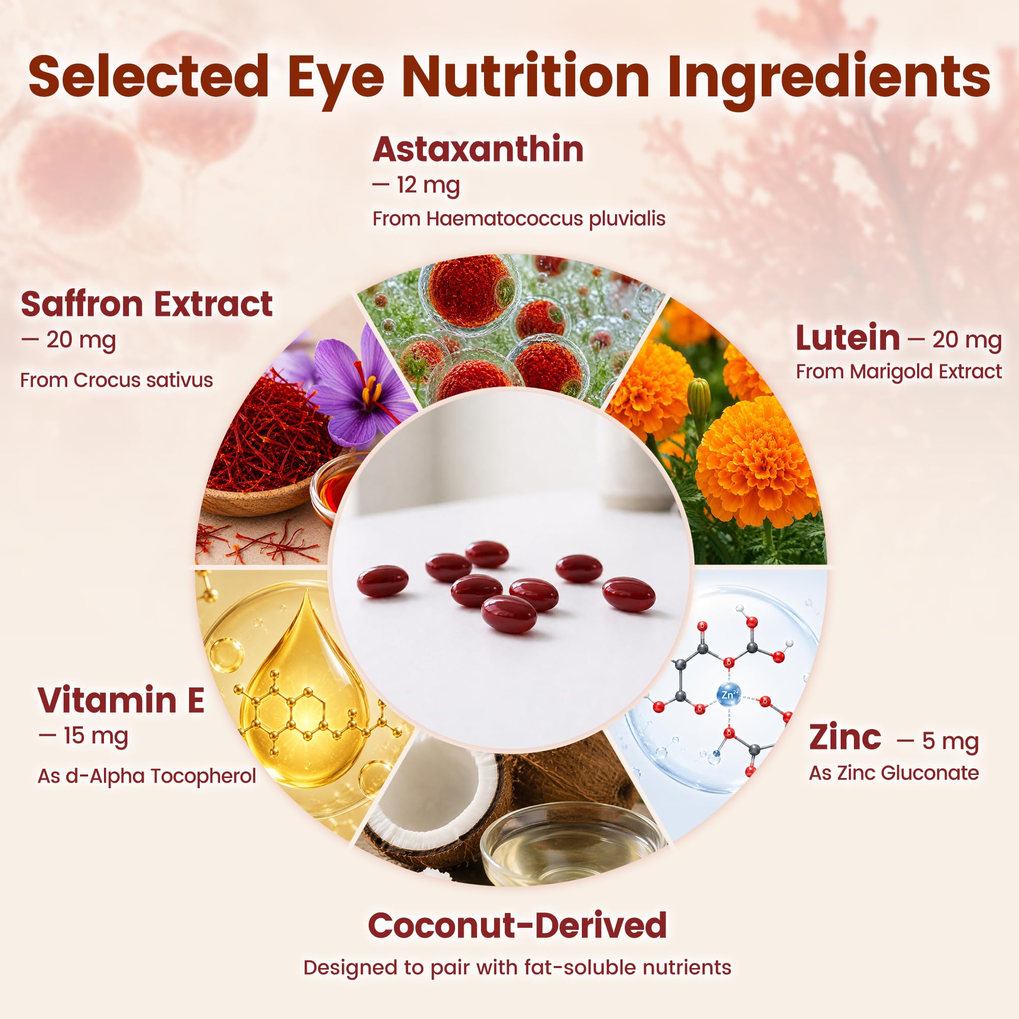 VEV ingredientes close-up: azafrán, luteína y astaxantina, combinación para nutrición ocular
