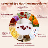 VEV ingredientes close-up: azafrán, luteína y astaxantina, combinación para nutrición ocular