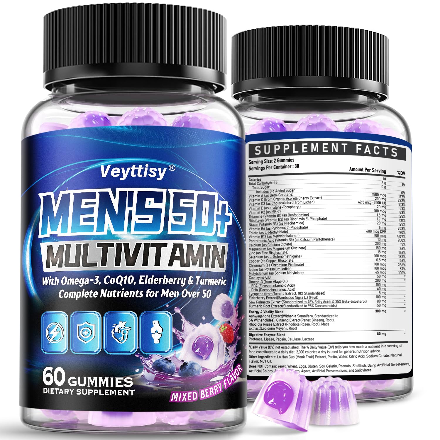 Veyttisy empaque frontal que muestra multivitaminas para hombres 50+ y beneficios