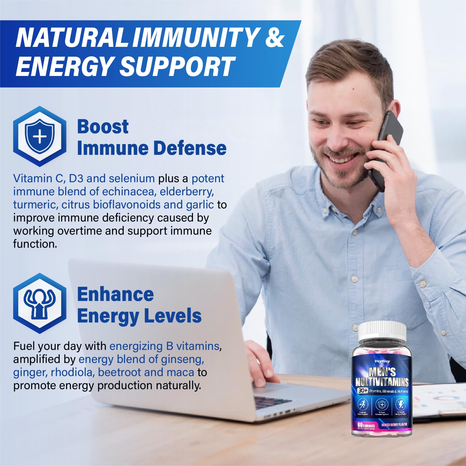 Veyttisy omega-3 y CoQ10 representados junto a frutas para energía