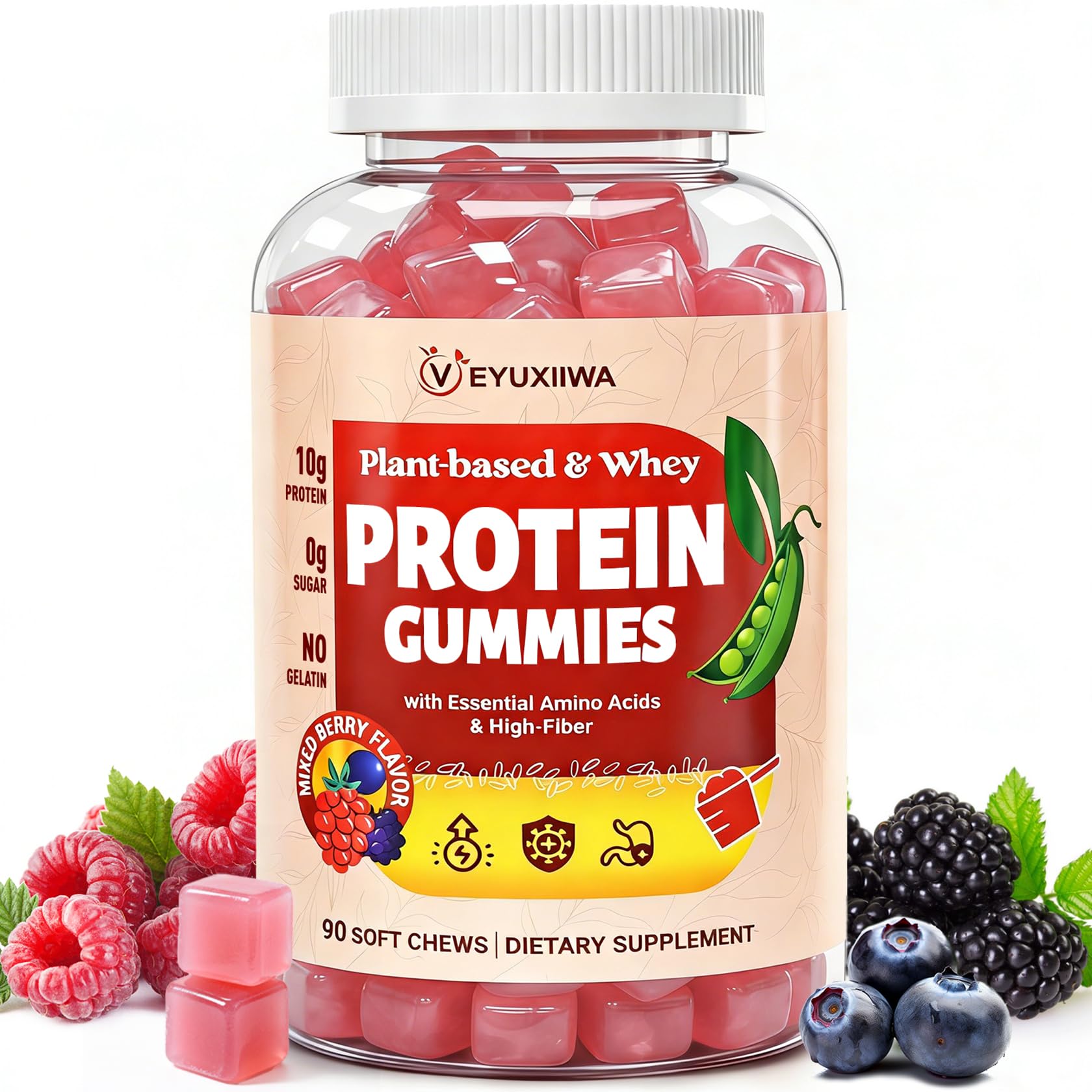 Veyuxiiwa envase frontal con gominolas de proteína, práctico y llamativo