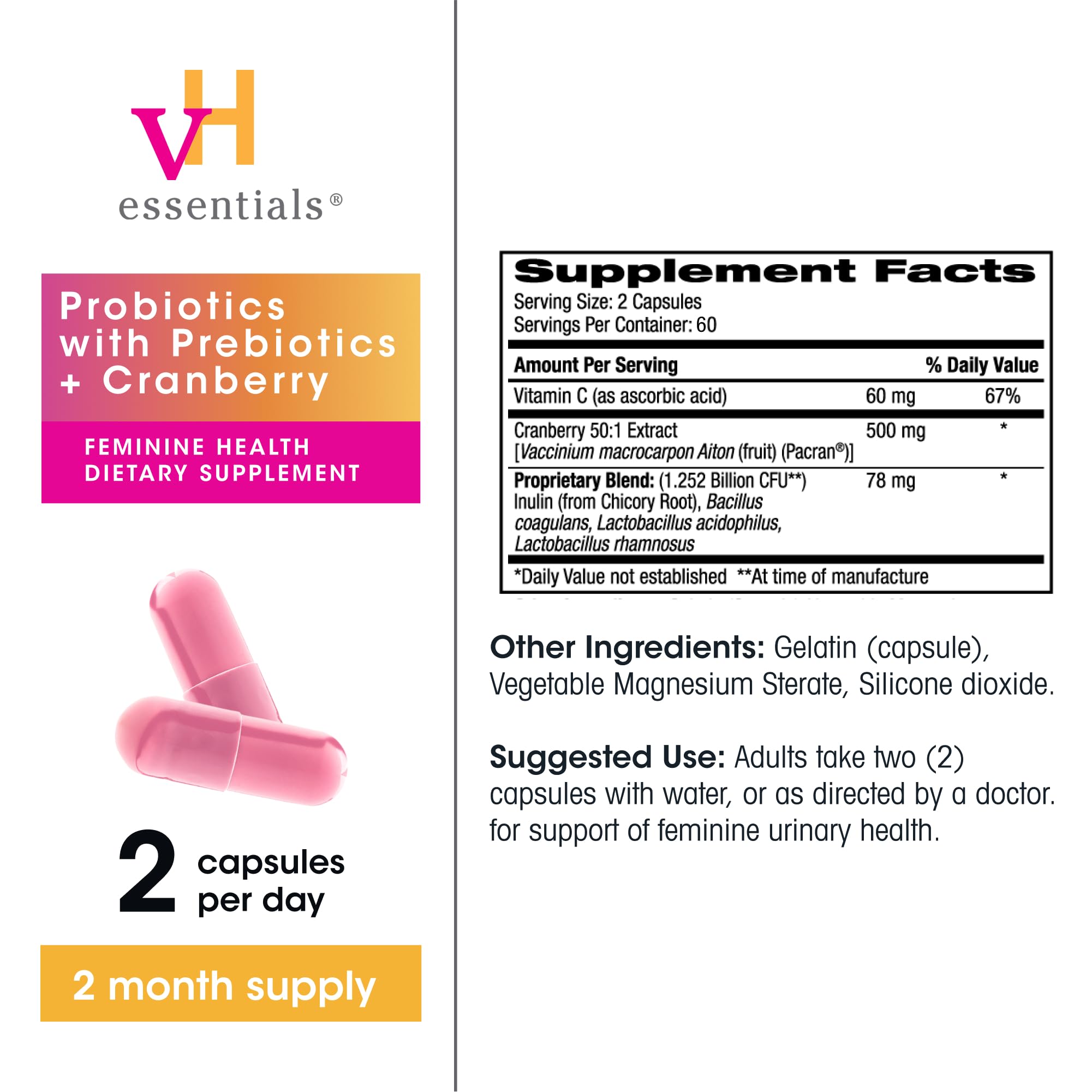 vH essentials etiqueta con lista de ingredientes y dosificación clara