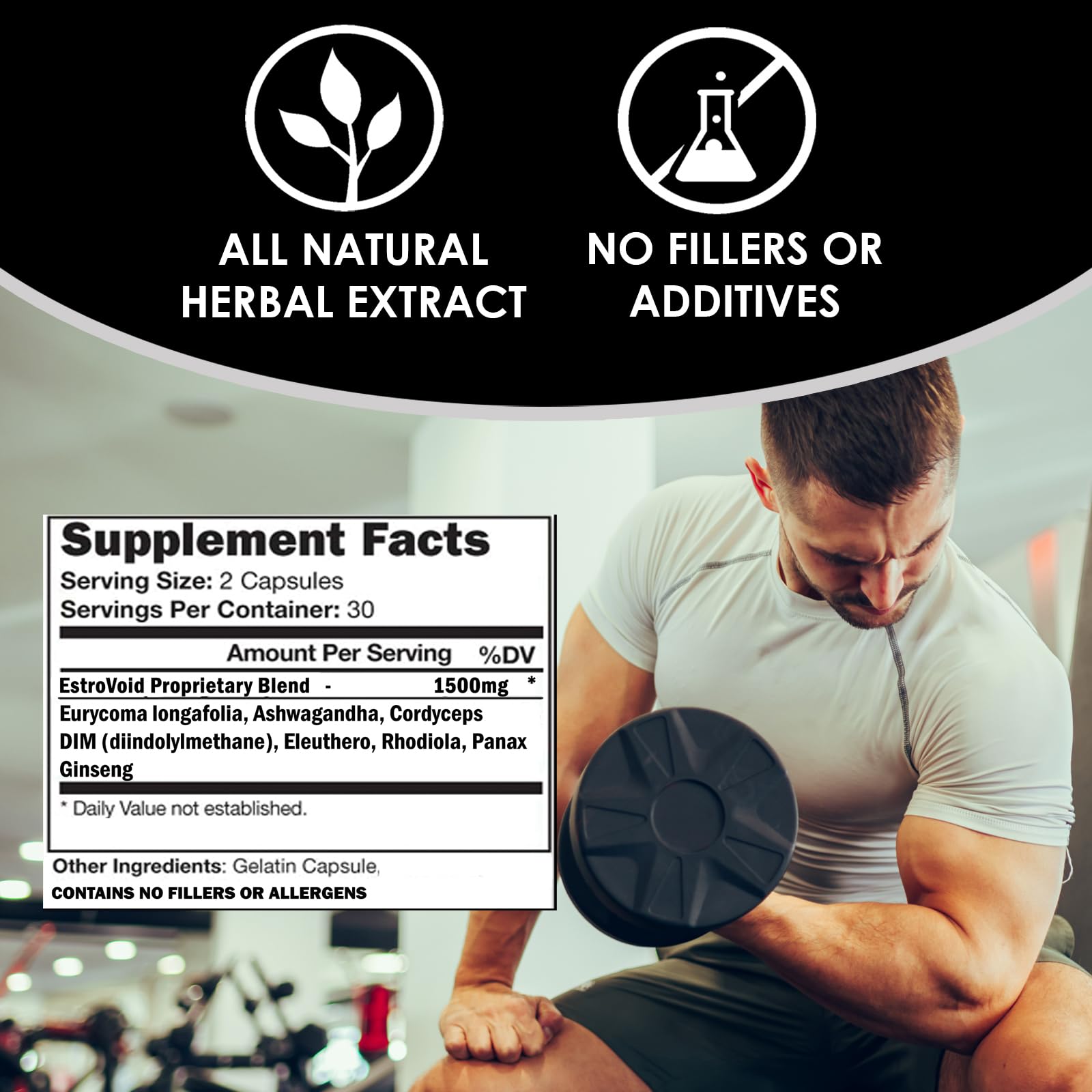 VH Nutrition EstroVoid etiqueta ampliada con lista de ingredientes y uso seguro