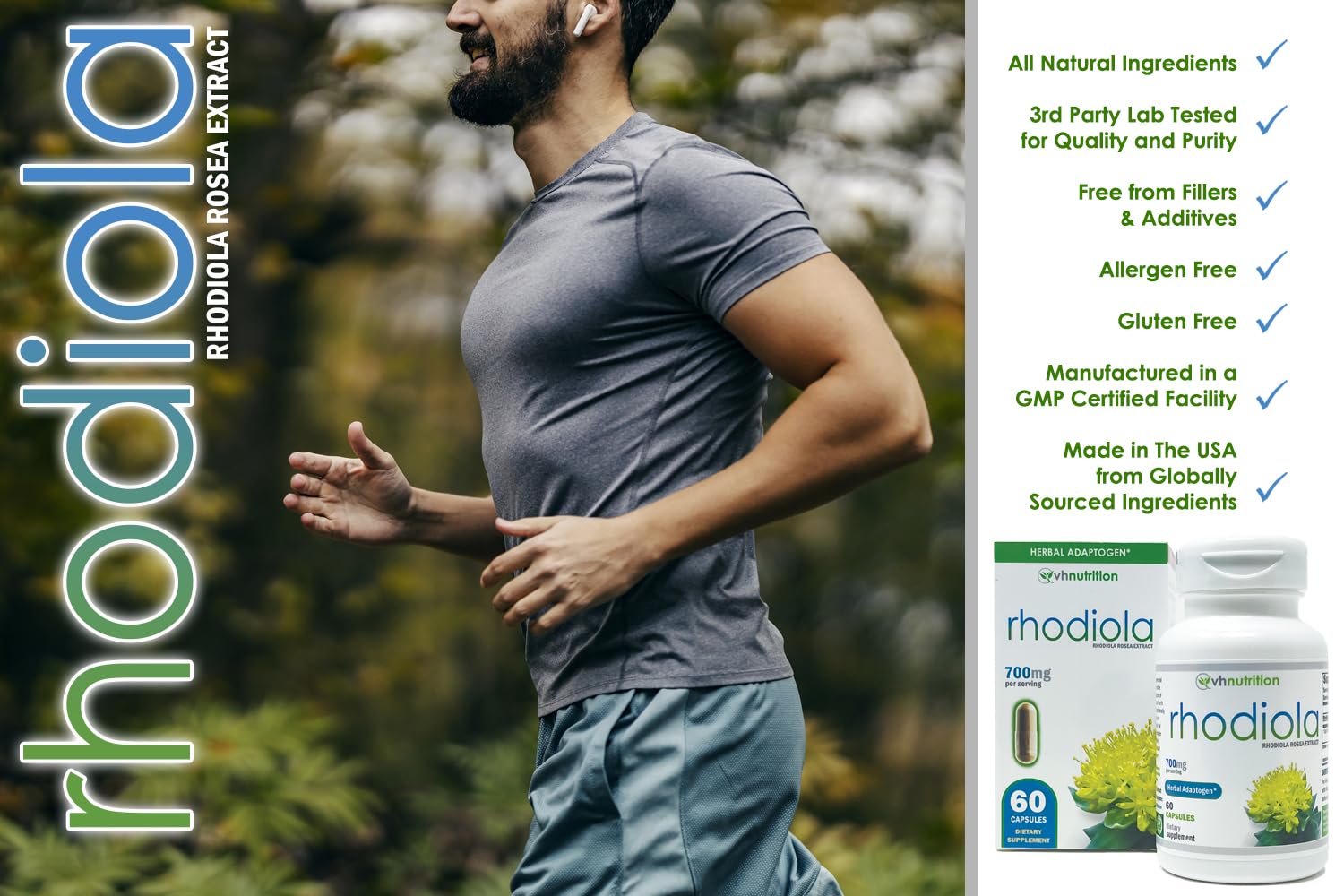 VH Nutrition cápsula sostenida en mano para mostrar tamaño cómodo y practicidad