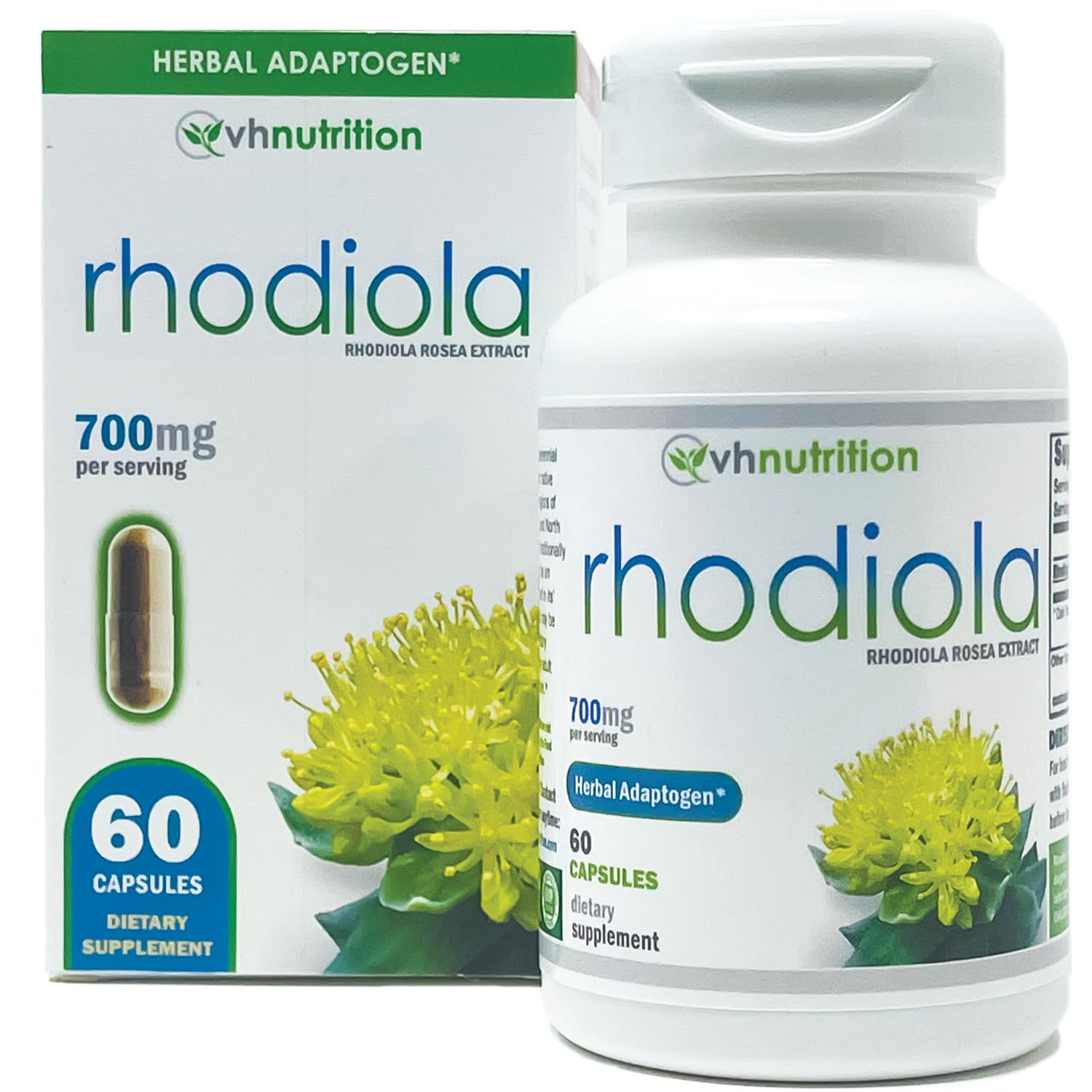 VH Nutrition frasco frontal mostrando etiqueta y 60 cápsulas, claridad de contenido