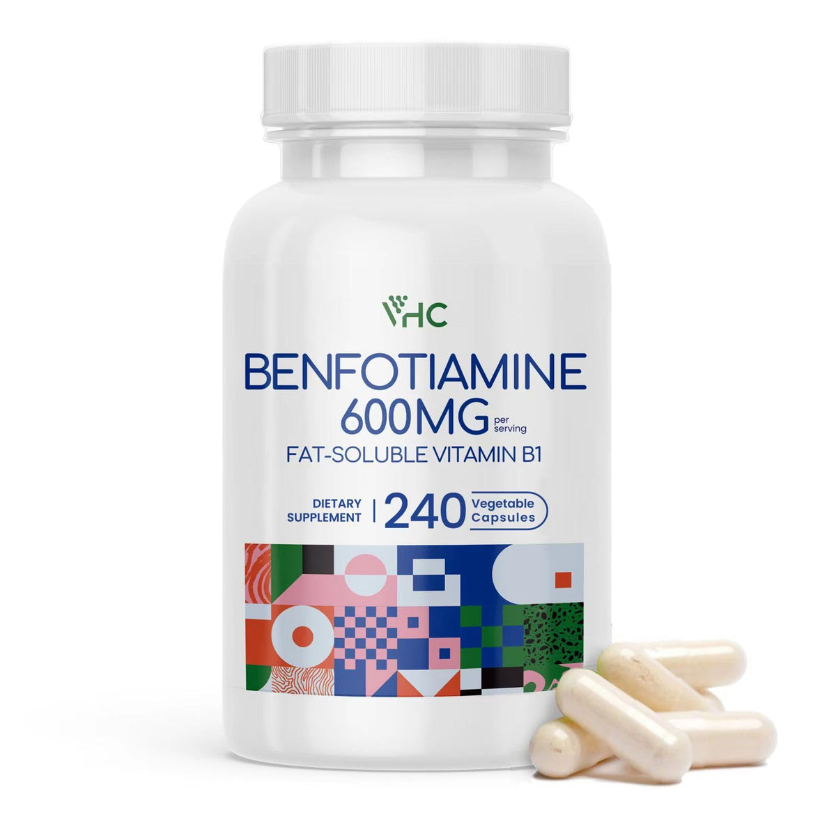 VHC botella frontal de benfotiamina 600 mg mostrando diseño y cantidad