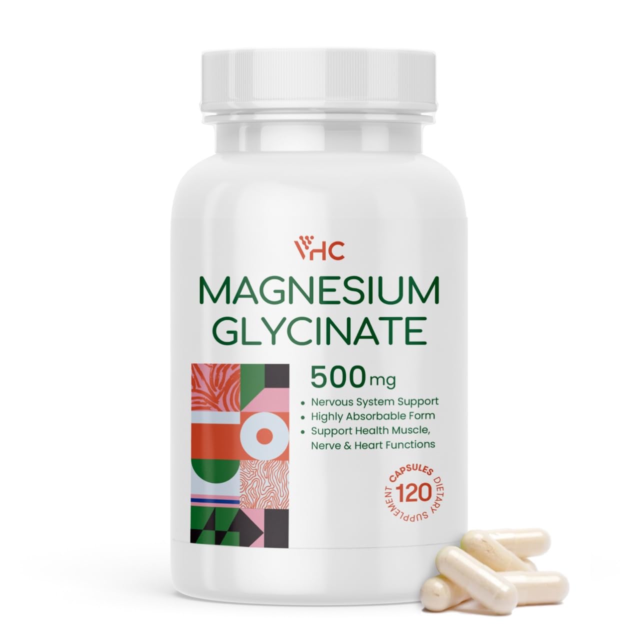 VHC frasco frontal mostrando magnesio glicinato y beneficio de alta absorción