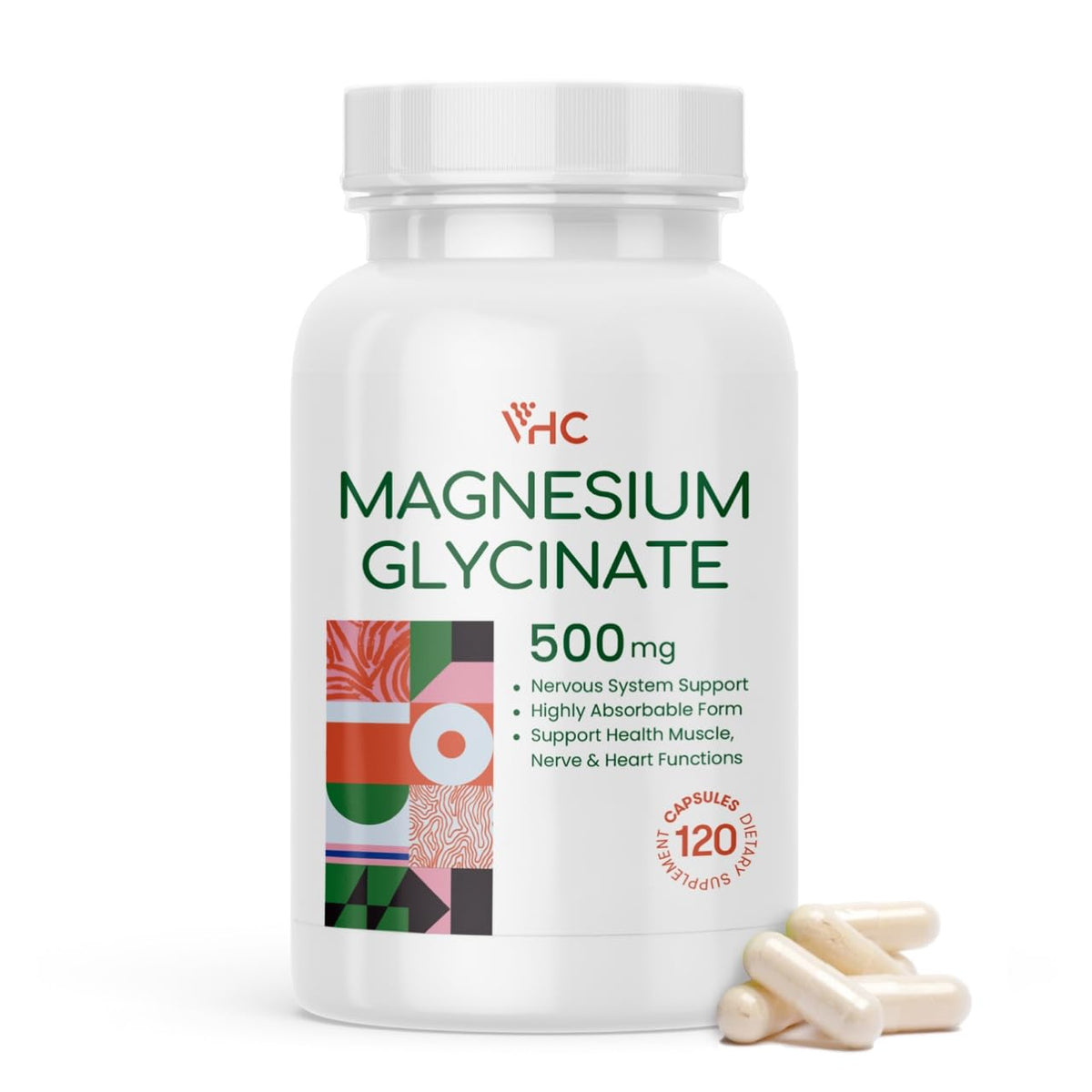 VHC frasco frontal mostrando magnesio glicinato y beneficio de alta absorción