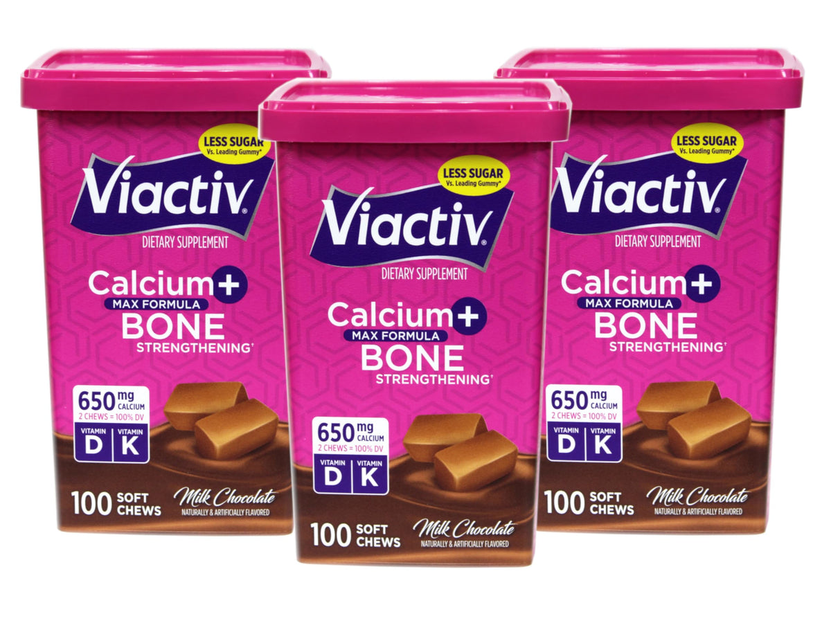 Viactiv frente del empaque mostrando 100 masticables y beneficio práctico