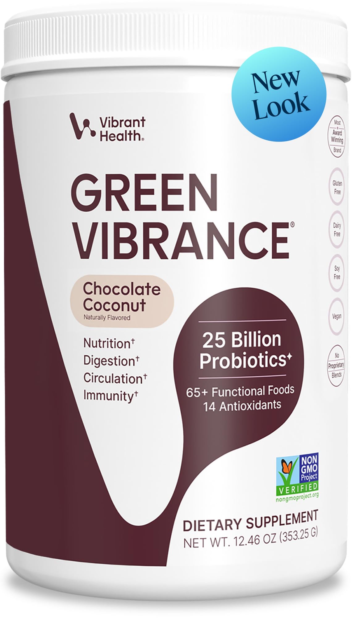 Vibrant Health envase frontal sabor chocolate coco que muestra la marca