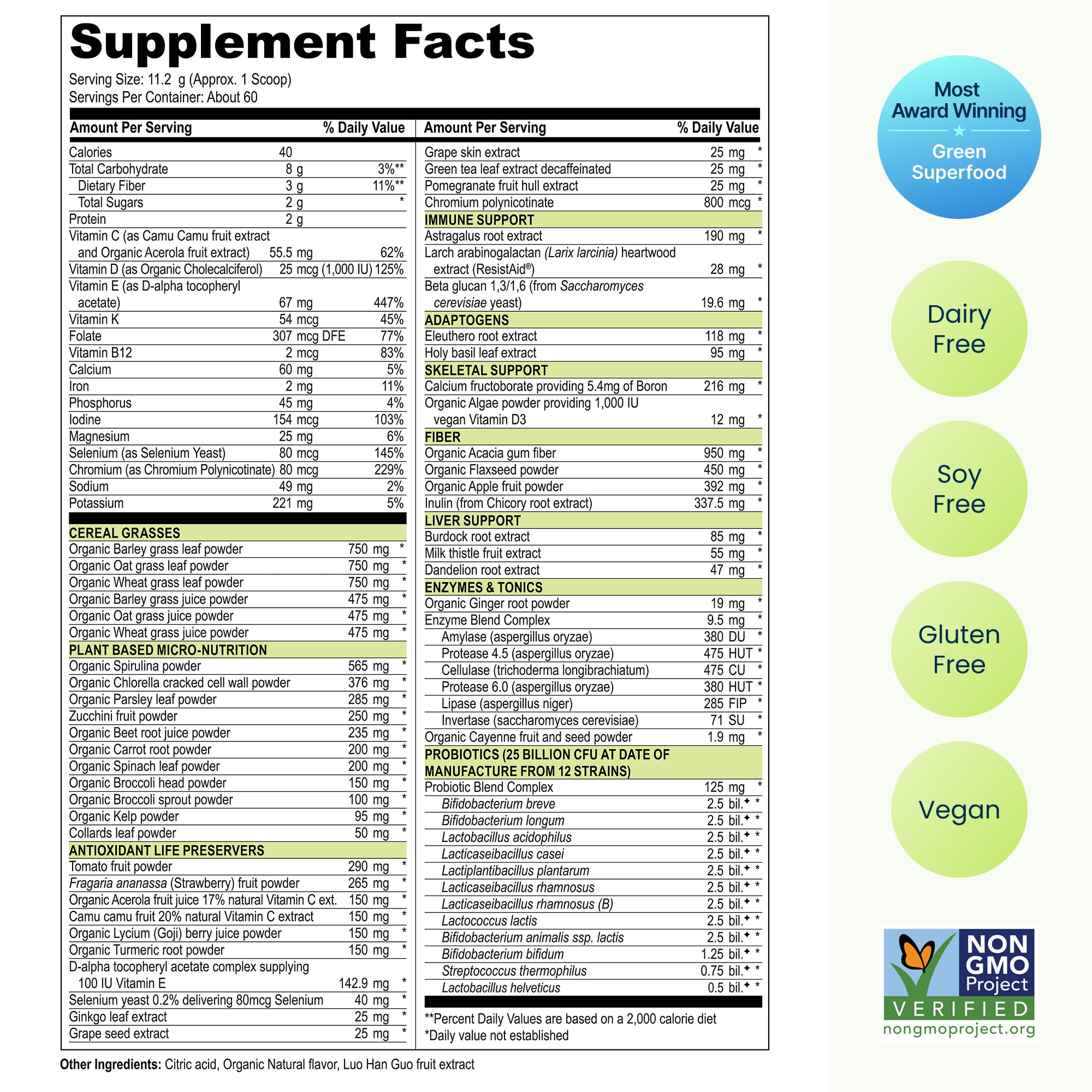 Vibrant Health etiqueta con lista de ingredientes y transparencia