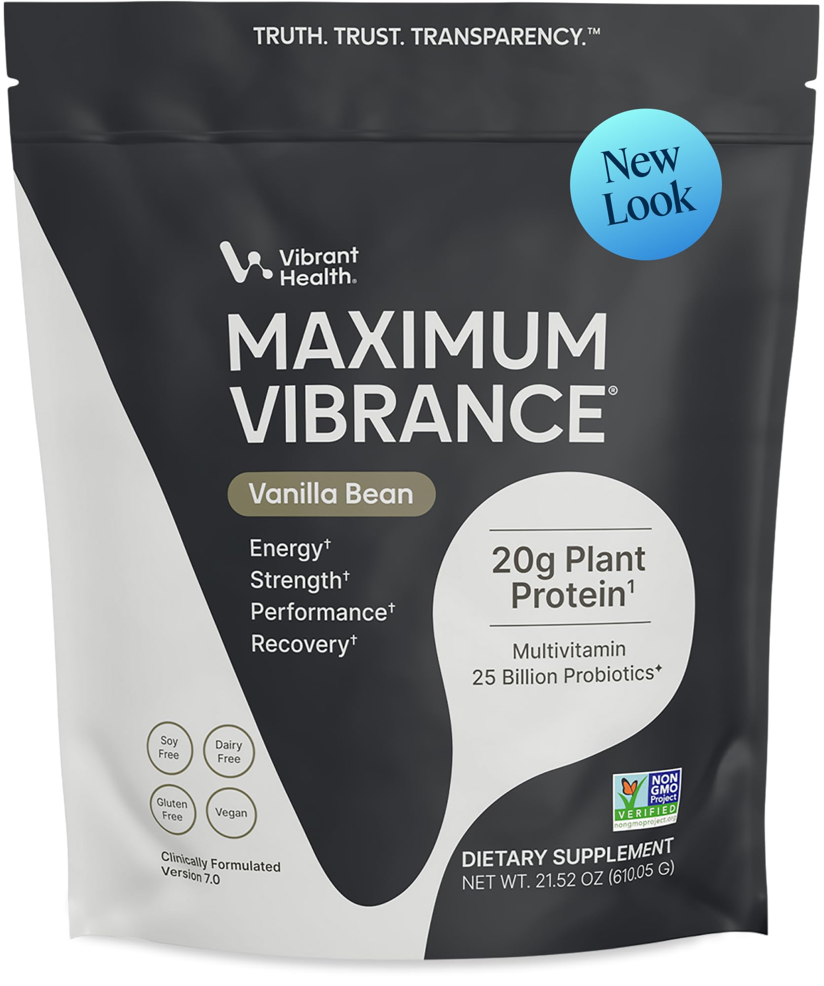 Vibrant Health frente del empaque mostrando raciones y beneficio nutricional