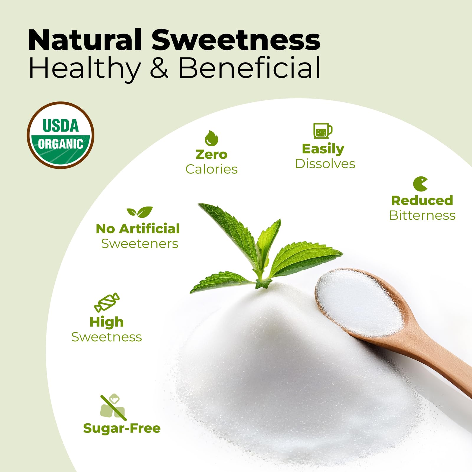 Viccoky polvo de stevia en primer plano, textura fina y concentración