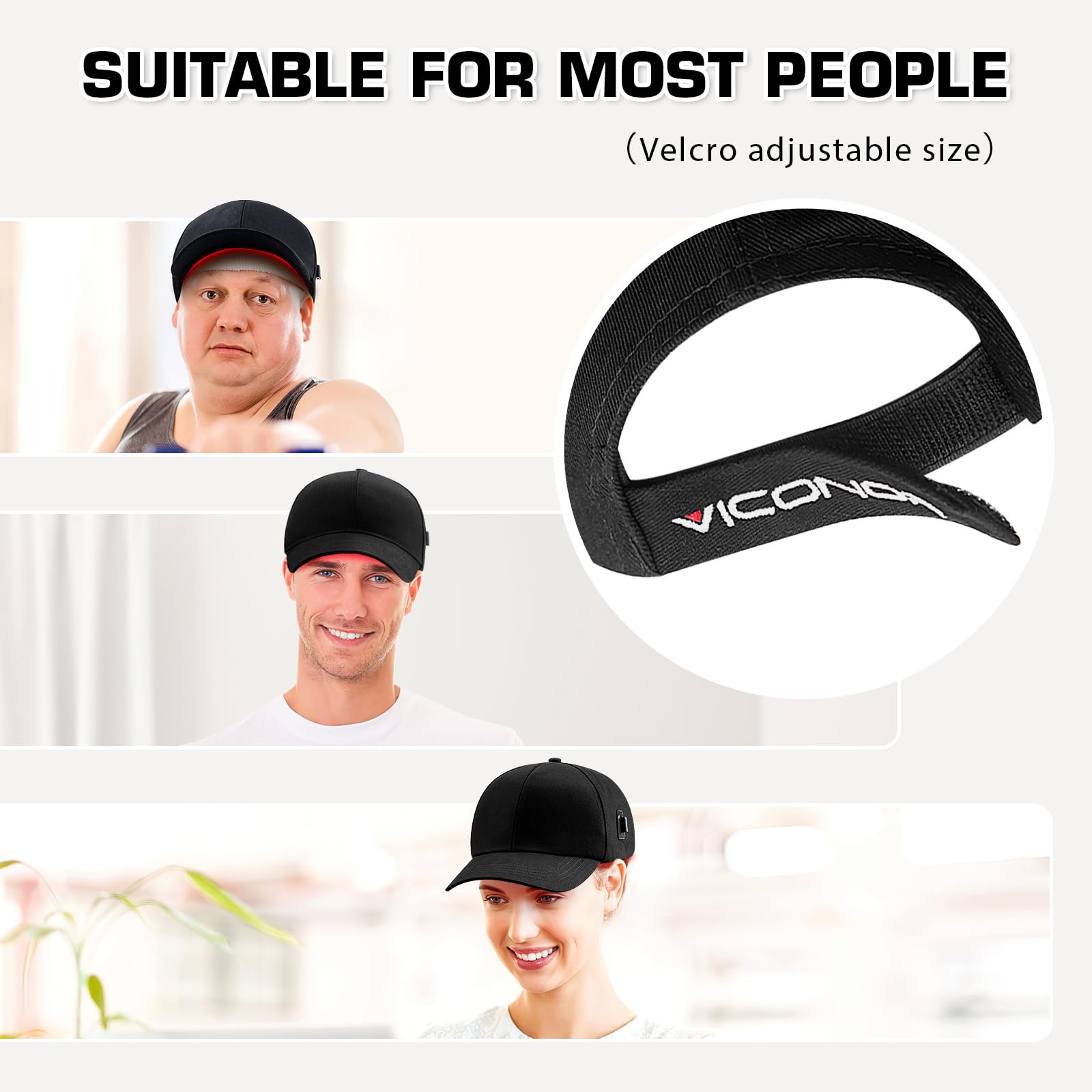 Viconor gorra junto a una mano para mostrar tamaño y portabilidad