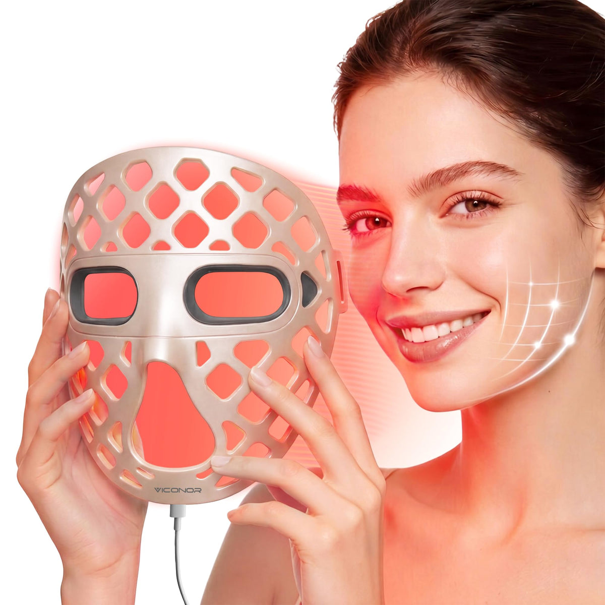 Viconor máscara LED frontal mostrando diseño cómodo y cobertura uniforme