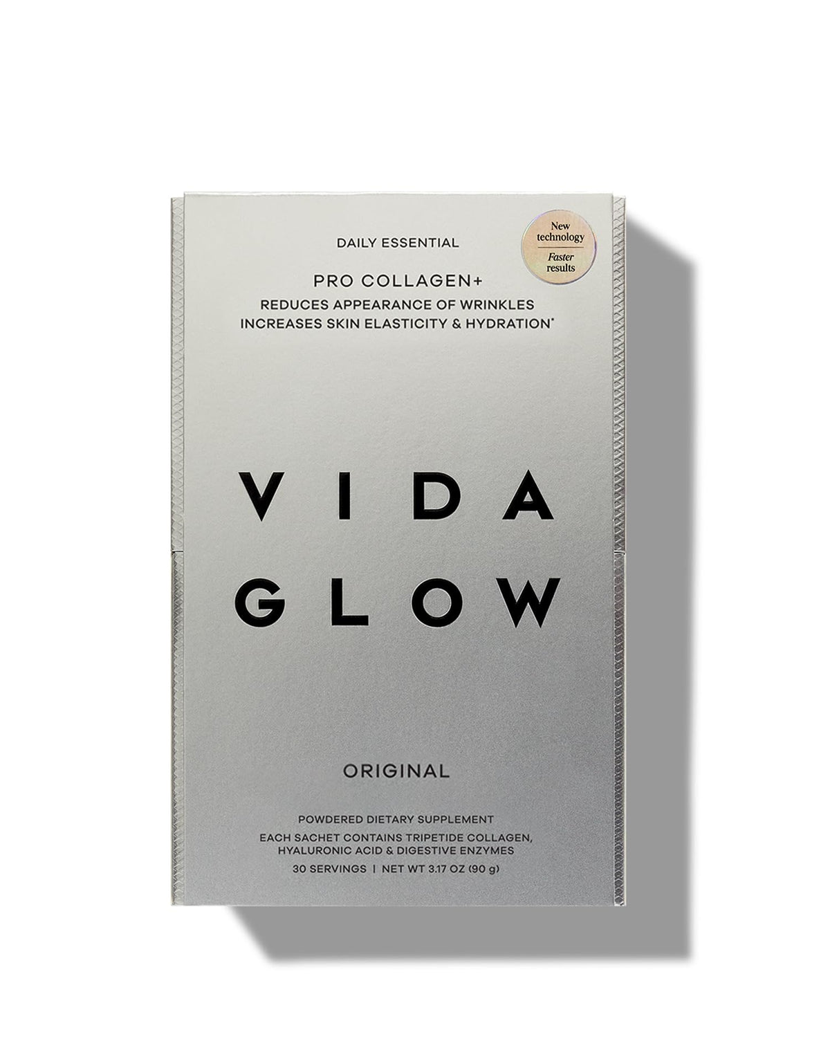 Vida Glow envase y sobres frontales mostrando formato práctico y beneficios para piel