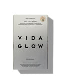 Vida Glow envase y sobres frontales mostrando formato práctico y beneficios para piel