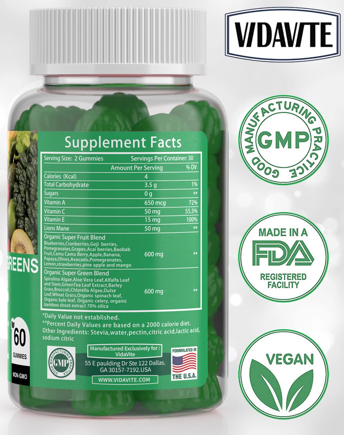 VIDAVITE variedad de frutas y hojas verdes indicando origen natural