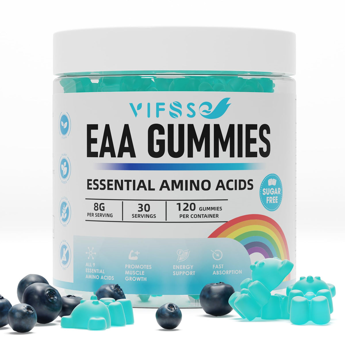 VIFSSG envase frontal mostrando 120 gominolas EAA y beneficio de conveniencia