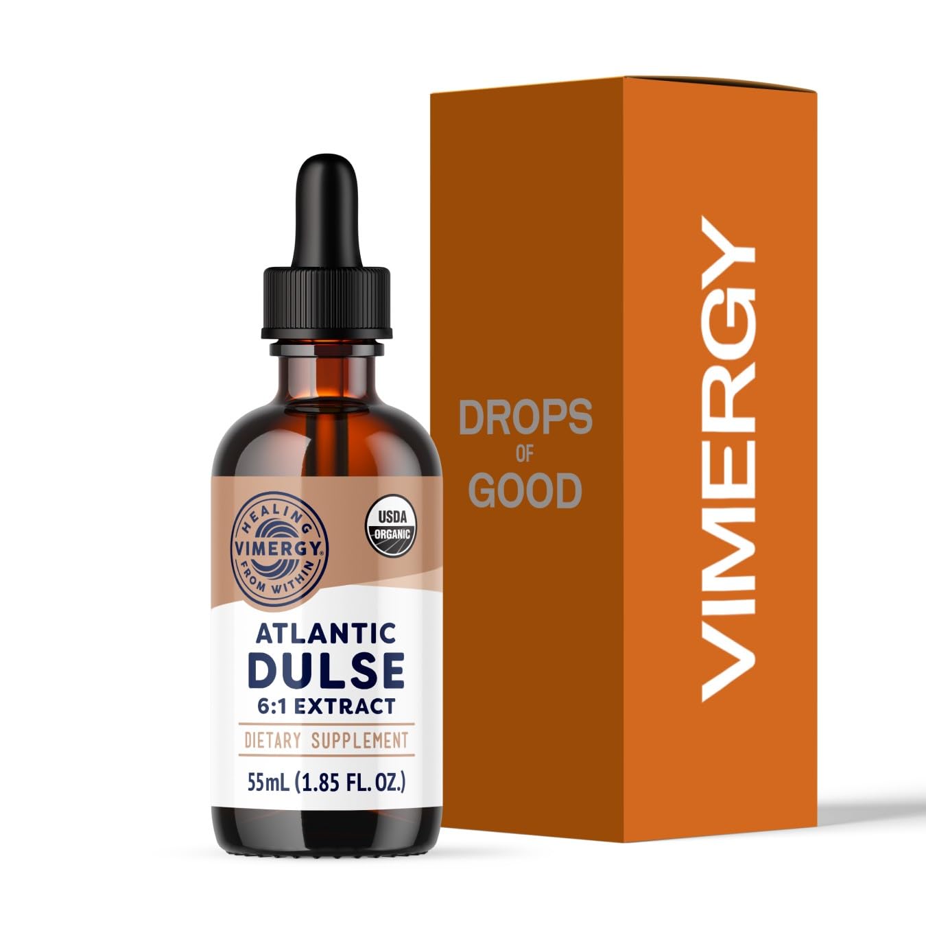 Vimergy botella frontal Atlantic Dulse mostrando envase orgánico y práctica dosificación