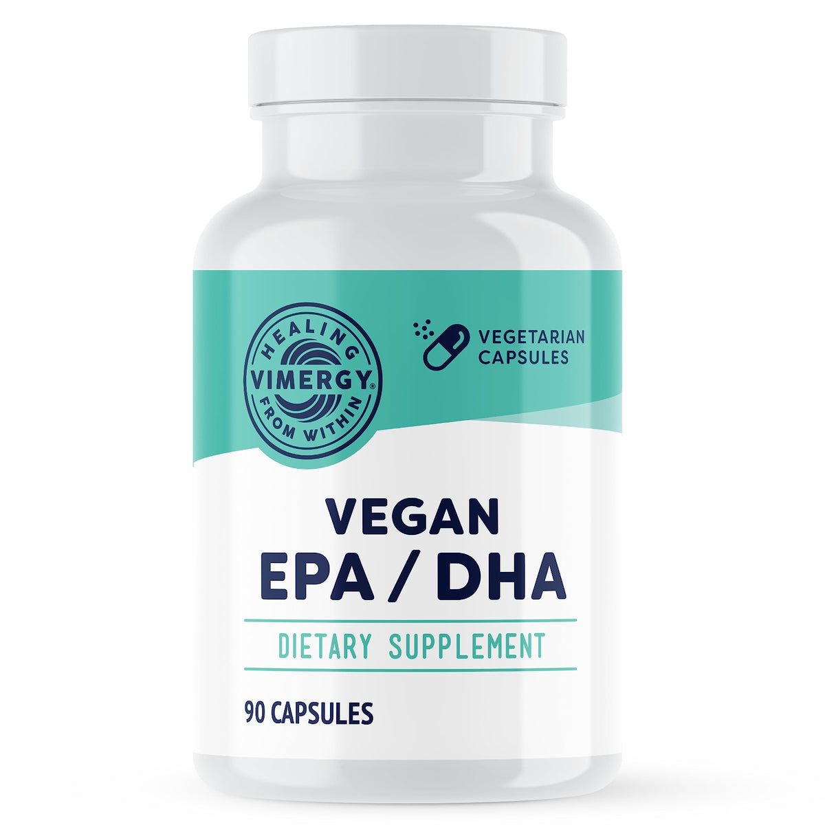 Vimergy frente del envase mostrando 90 cápsulas y beneficio vegano