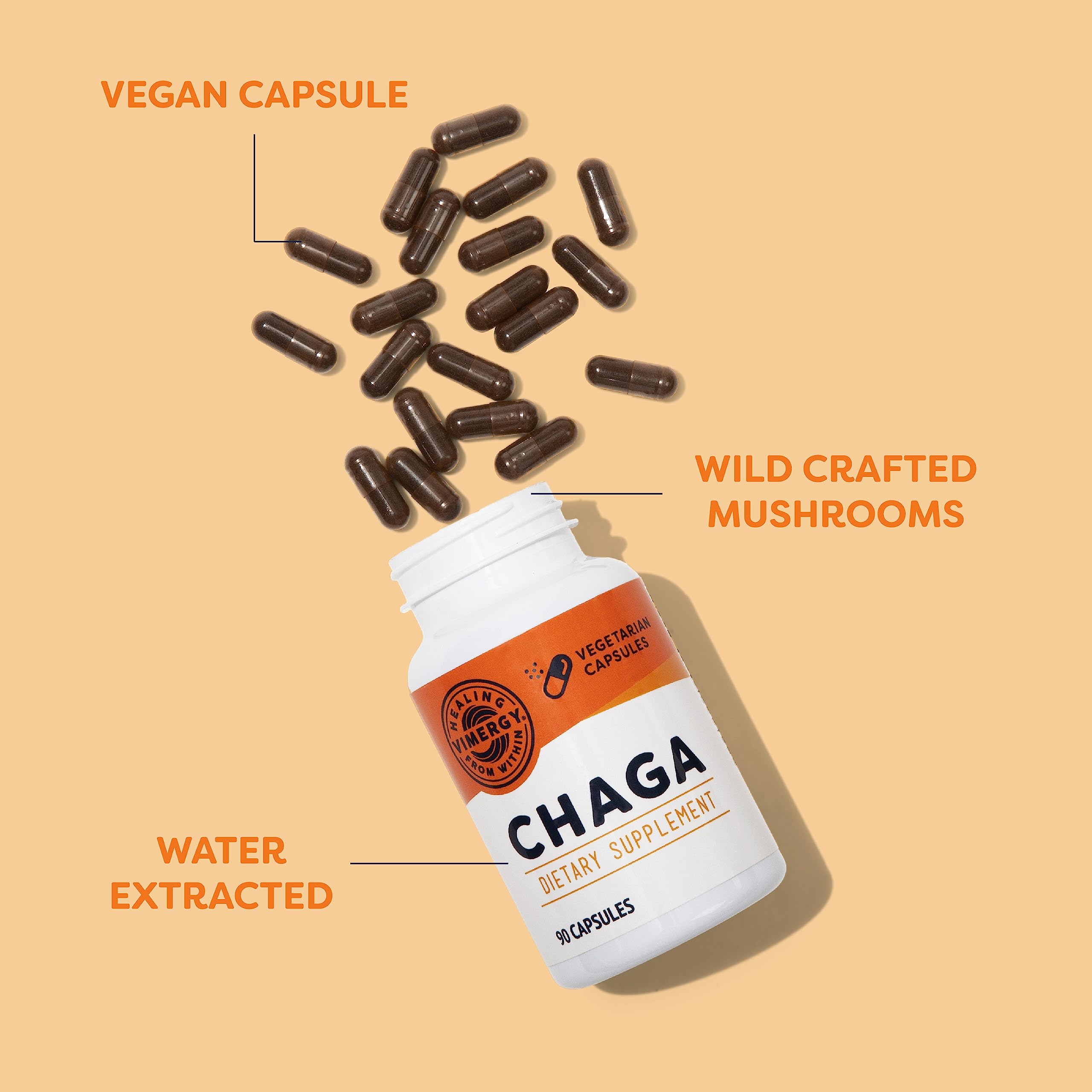 Vimergy chaga cápsula abierta vertida en batido destacando versatilidad de uso