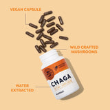 Vimergy chaga cápsula abierta vertida en batido destacando versatilidad de uso