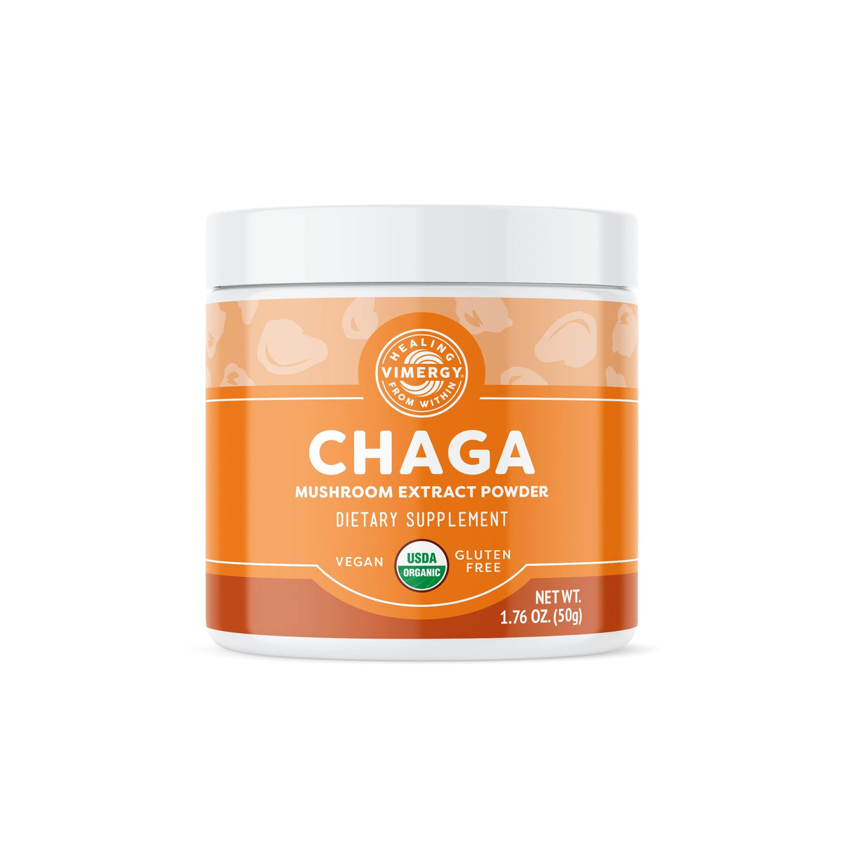 Vimergy chaga frente del empaque orgánico que asegura pureza y confianza