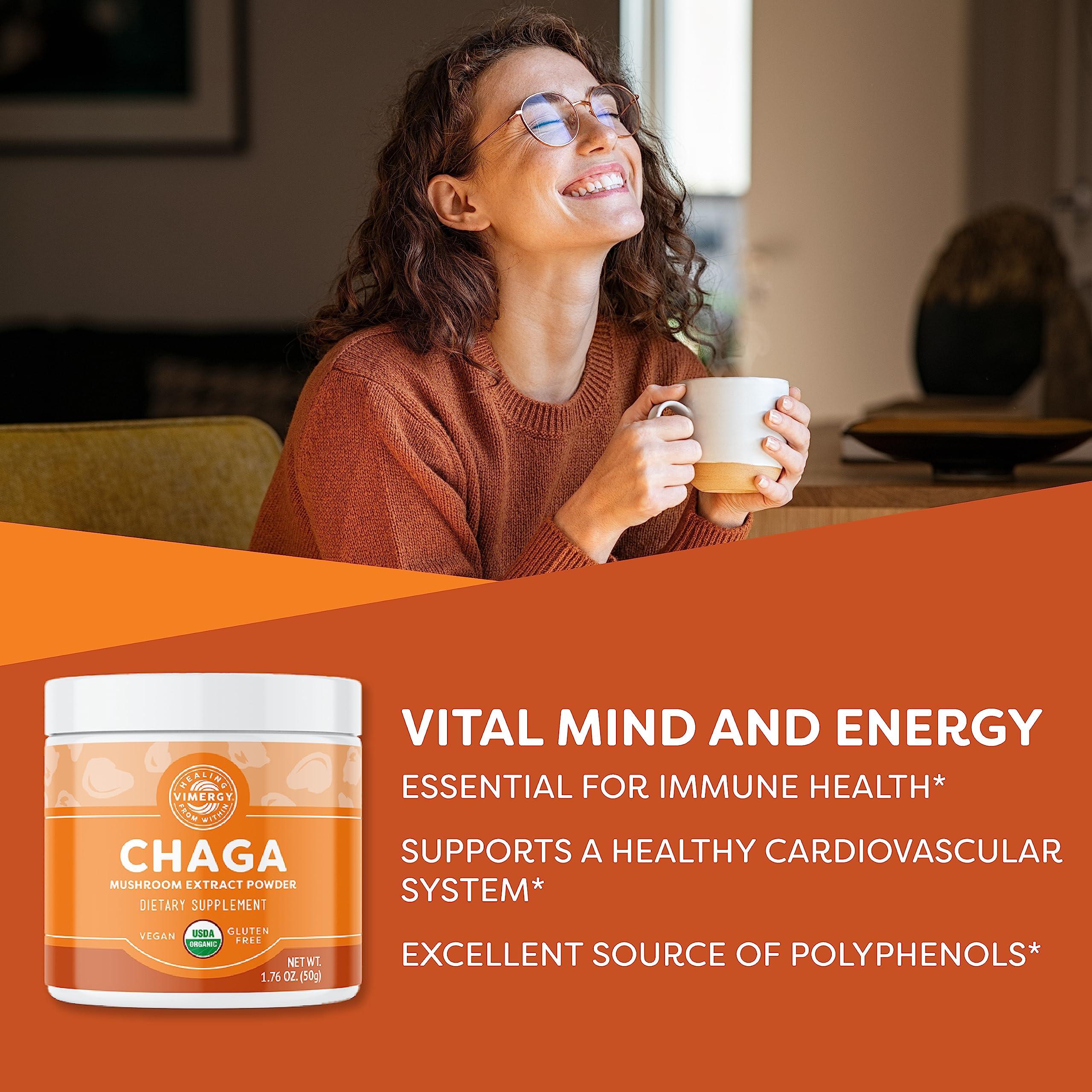 Vimergy chaga textura en cuchara mostrando polvo fino y fácil mezcla