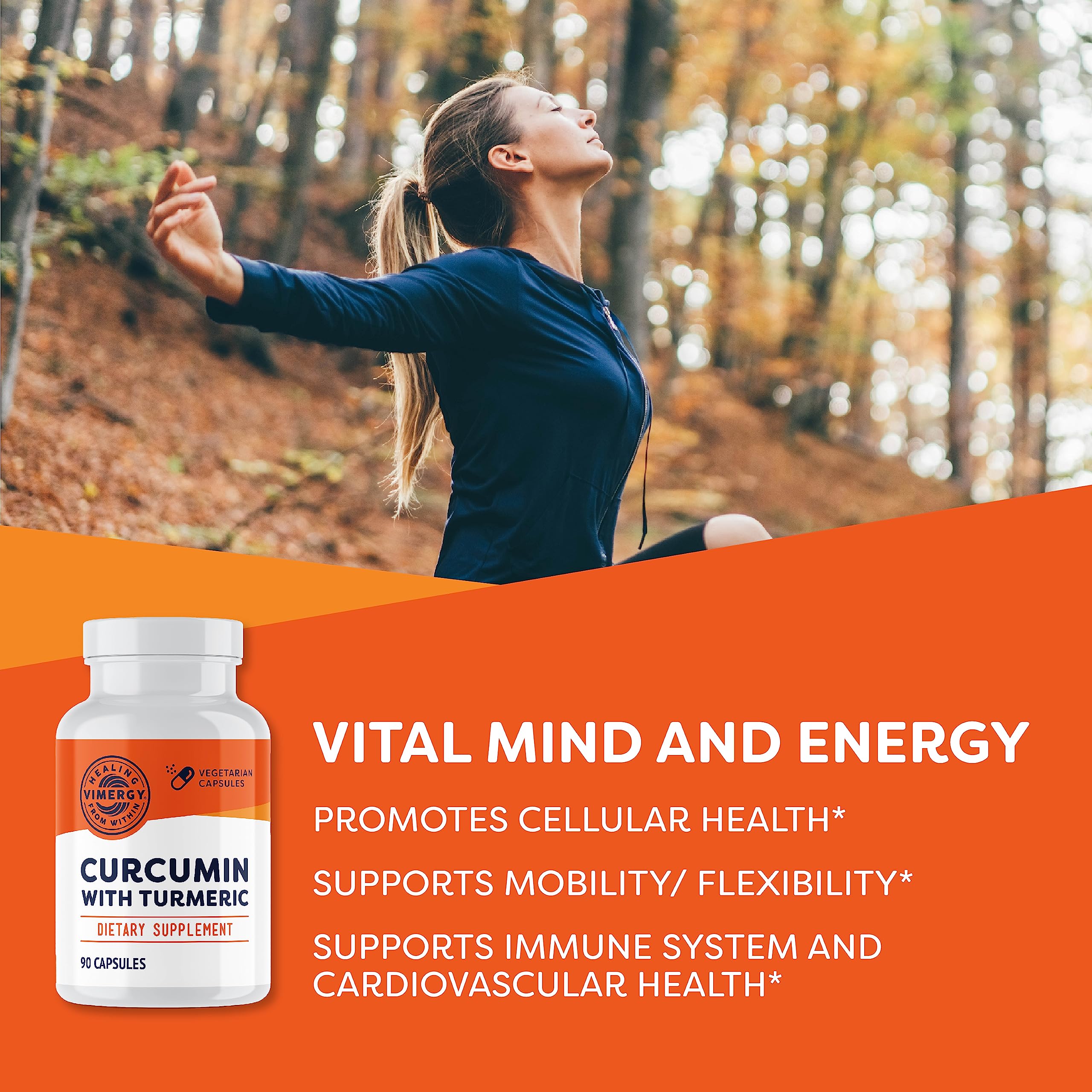 Vimergy curcumin cápsula en primer plano, fácil de tragar y portable