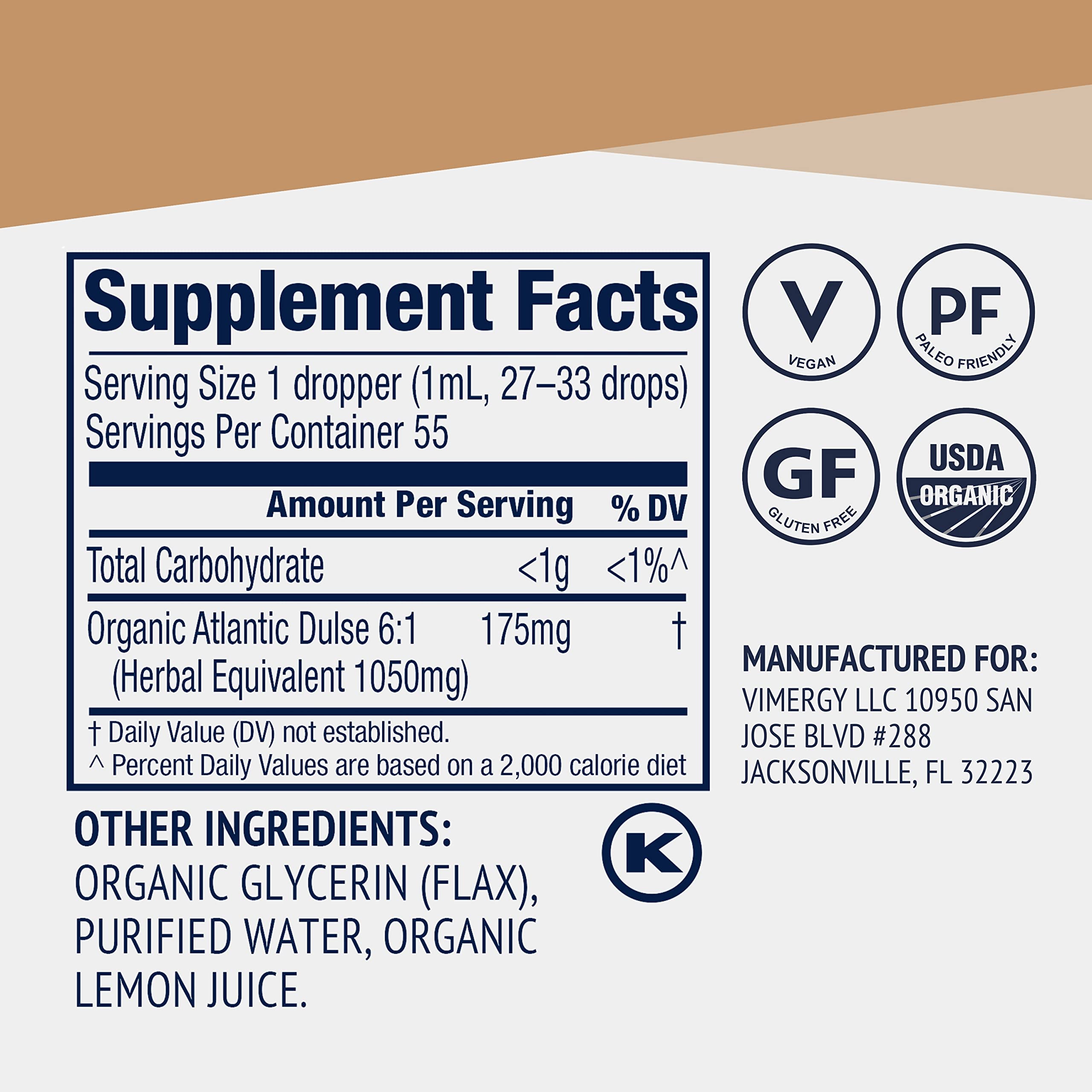 Vimergy etiqueta con sellos USDA Organic y kosher para confianza del producto