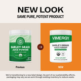 Vimergy etiqueta con sellos orgánico, vegano y libre de gluten